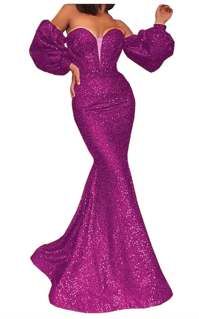 Sparkly Off Shoulder Sequin Mermaid Prom Dress with Puffy Sleeves - Women's Formal Evening Gown for Homecoming, Wedding & Special Occasions