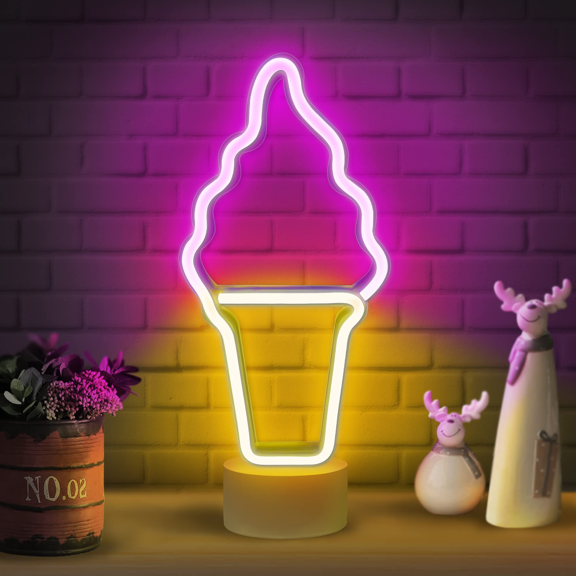 Lumoonosity Ice Cream Neon Sign - Battery/USB Powered Ice Cream Shaped Night Light for Bedroom, Kitchen, Cafe Decor - Pink & Yellow Ice Cream Cone LED Light with Stand - Perfect for Parties, Home Decor, and Ice Cream Shop Displays