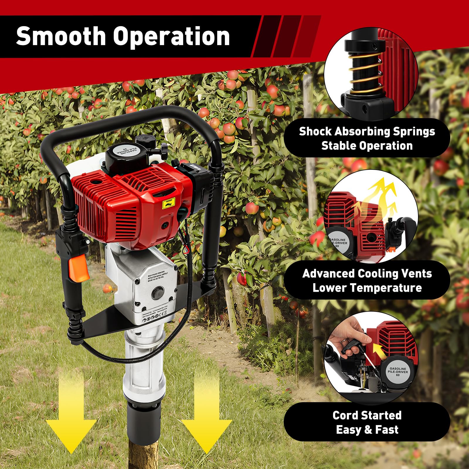 52CC Gas T Post Driver - 2 Stroke Gas Powered Pile Driver Hammer with 2 Driving Heads - Portable Air Cooling Single Cylinder Gasoline Fencing Tool for Garden, Farm, and Ranch Fencing Projects
