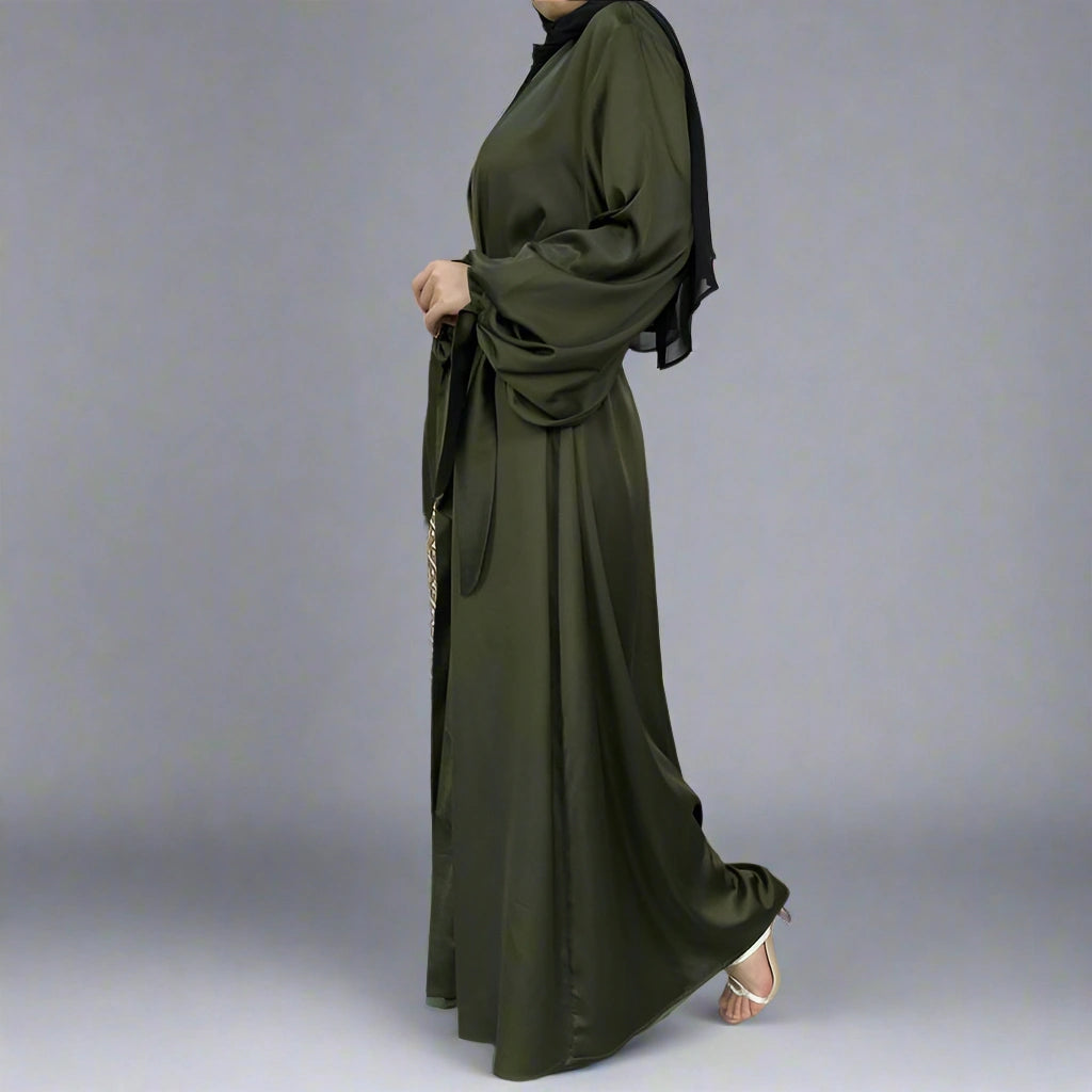 10 Color Options Puff Sleeve Satin Open Abaya Dress for Muslim Women - Elegant Modest Fashion for Prayer, Eid, Wedding & Special Occasions