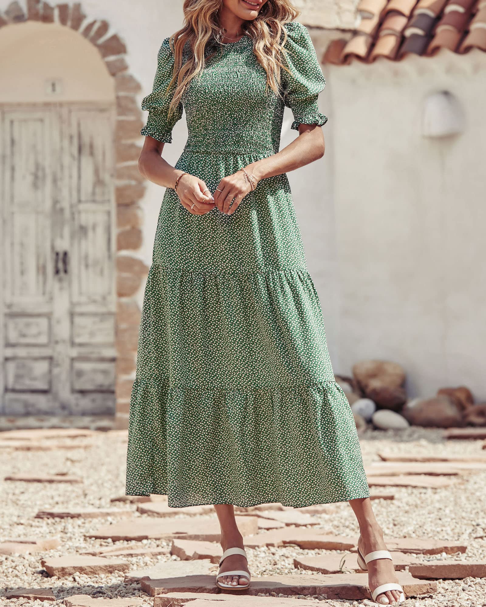 BTFBM Women's Casual Summer Floral Print Boho Maxi Dress - Crew Neck, Ruffle Short Sleeve, Smocked Waist, Flowy Design for Spring/Summer 2025 | Perfect for Beach Vacations, Date Nights & Boho Fashion Outfits