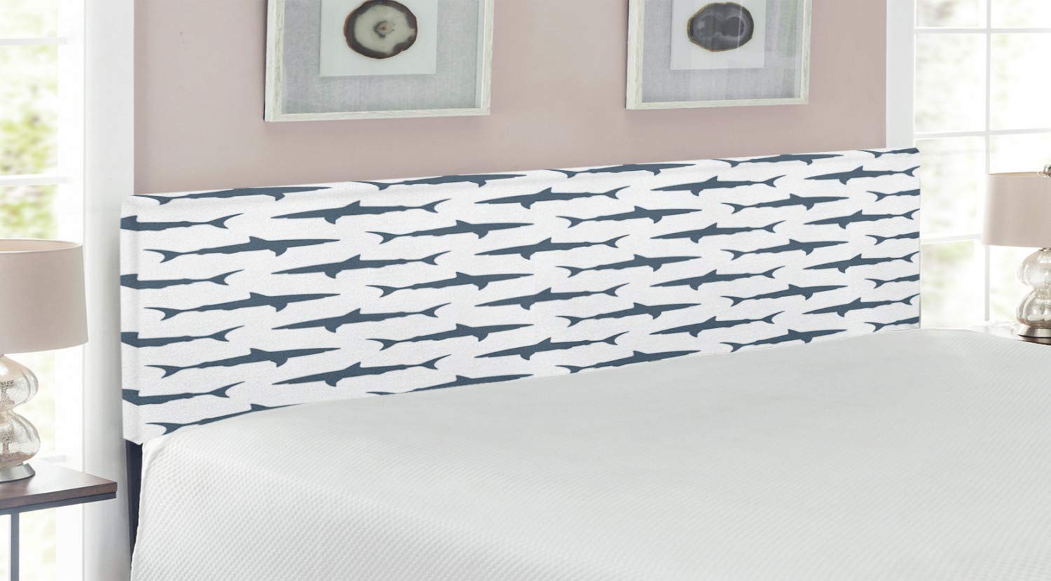 Ambesonne King Size Upholstered Metal Bed Headboard with Memory Foam - Shark Silhouette Ocean Wildlife Design in Charcoal Grey & White | Perfect for Coastal, Nautical or Marine-Themed Bedroom Decor