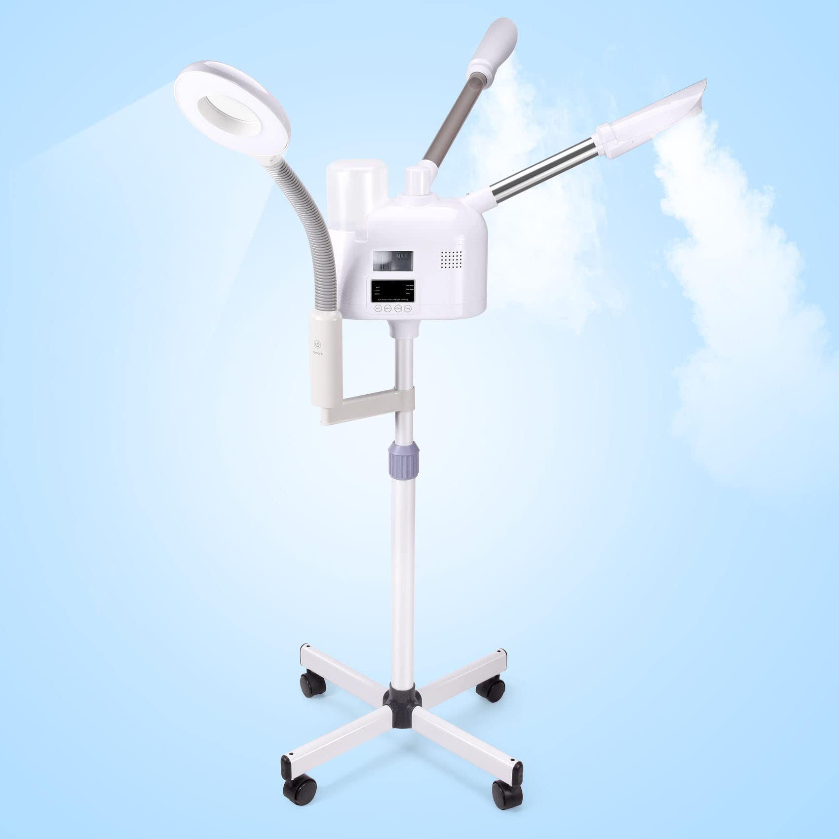 Seeutek Pro 3-in-1 Rolling Facial Steamer with 5X Magnifying Lamp - Professional Warm & Cold Mist Steam Machine with Digital LCD Screen for Home, Salon & Spa | Deep Cleansing, Hydration & Relaxation Treatment