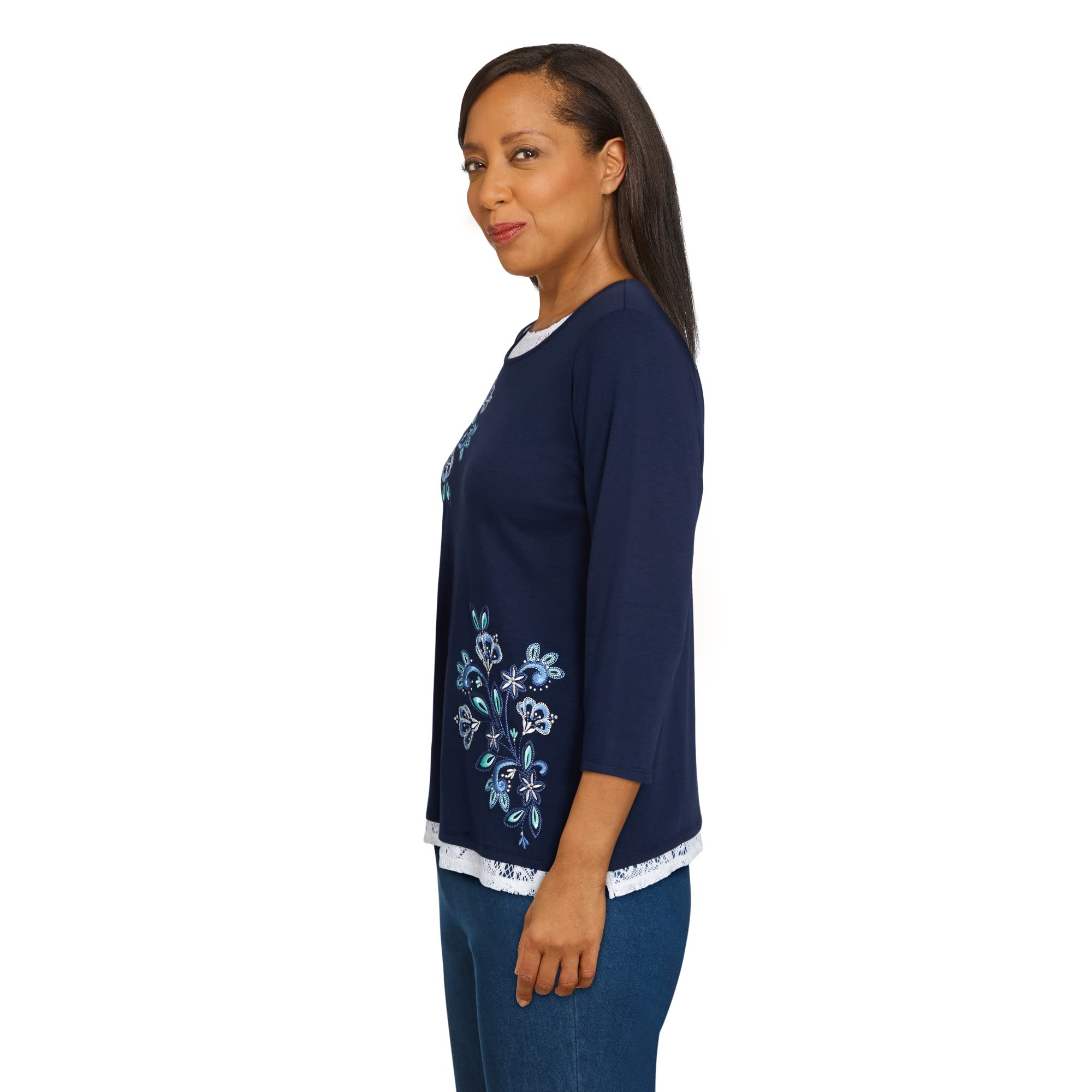 Alfred Dunner Women's Petite Floral Embroidery Blouse with Lace Trim - Floral Print Summer Tops for Casual Wear & Office Outfits