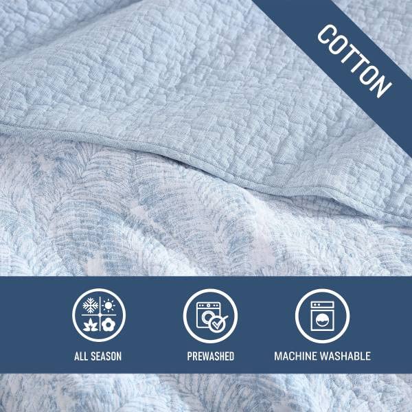 Tommy Bahama King Size Reversible Cotton Quilt Set with Matching Sham - Coastal Bedding in Distressed Water Leaves Blue, Textured Reverse for Comfort & Style | Perfect for Beach House, Guest Room & Coastal-Themed Bedrooms