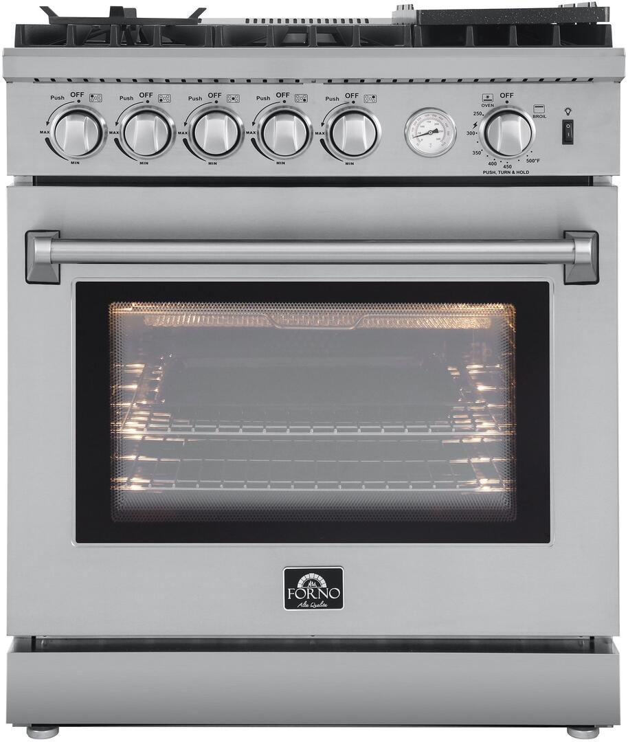 Forno Lazio 30-inch Stainless Steel Gas Range with 5 Sealed Burners, Built-in Air Fryer & Griddle - Model FFSGS6276 | Perfect for Home Kitchens & Professional Cooking