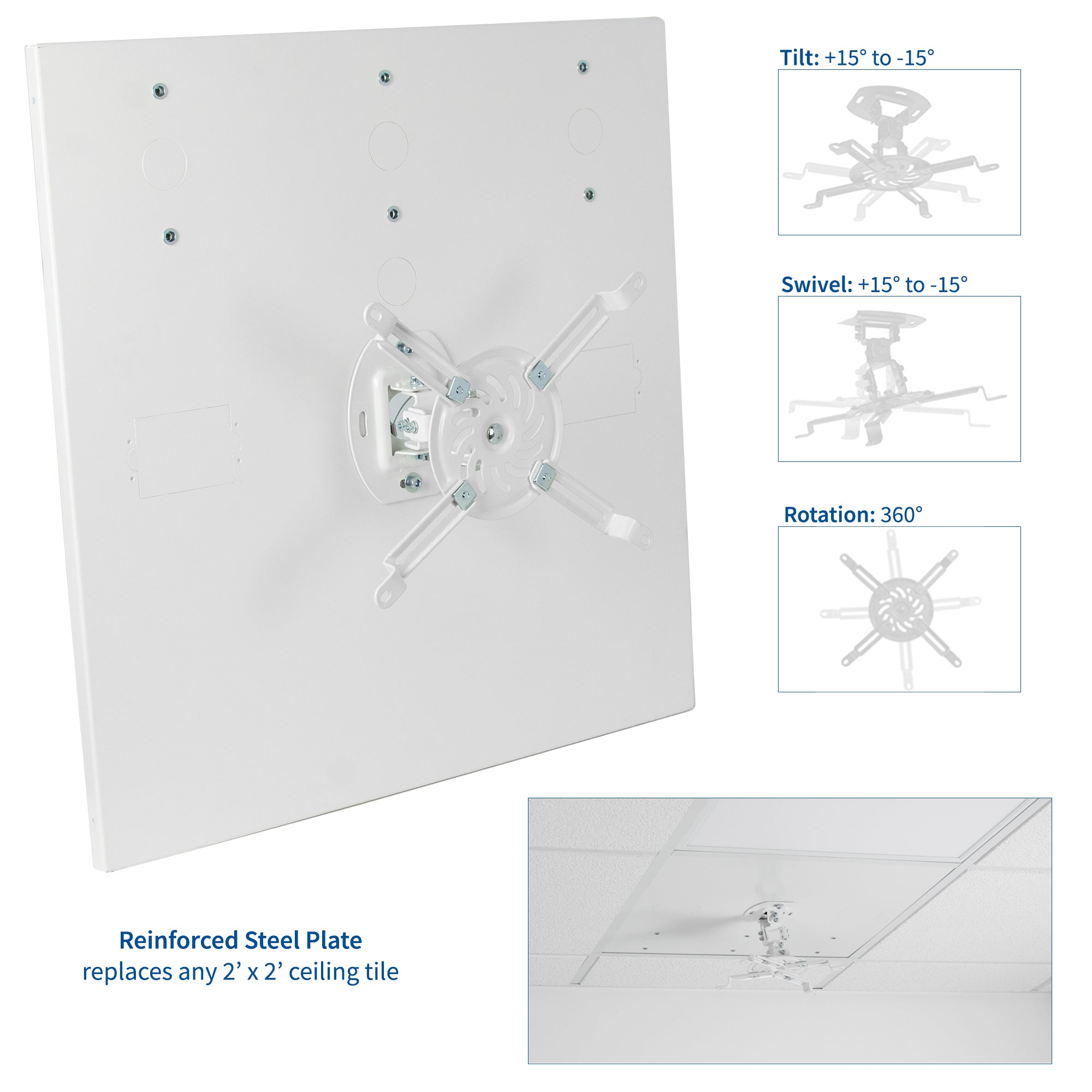Universal White Drop Ceiling Projector Mount - Adjustable & Secure Installation for Home Theater, Classrooms & Conference Rooms