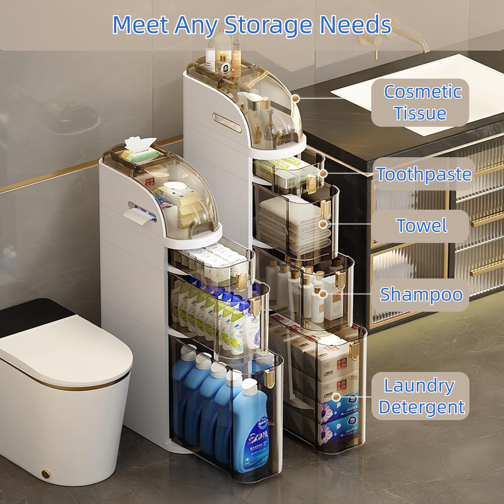 4-Tier Slim Bathroom Storage Cabinet - Narrow Space-Saving Organizer with Wheels for Bathroom, Kitchen, or Closet - Easy Assembly & Versatile Home Storage Solution