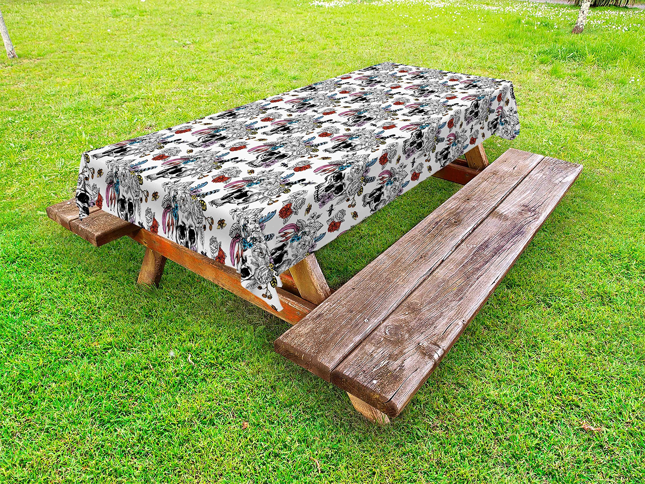Ambesonne Day of The Dead Outdoor Tablecloth - Vintage Sugar Skull with Floral Roses & Bees Retro Print, Washable Picnic Table Cover 58x104 Inches, Multicolor for Halloween, Día de Muertos Party & Garden Dining Decor