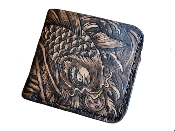 Handmade 3D Genuine Leather Men's Bifold Wallet - Custom Carved & Tooled with Japanese Hokusai Prosperity Carp Design - Perfect for Gifts, Business & Everyday Use