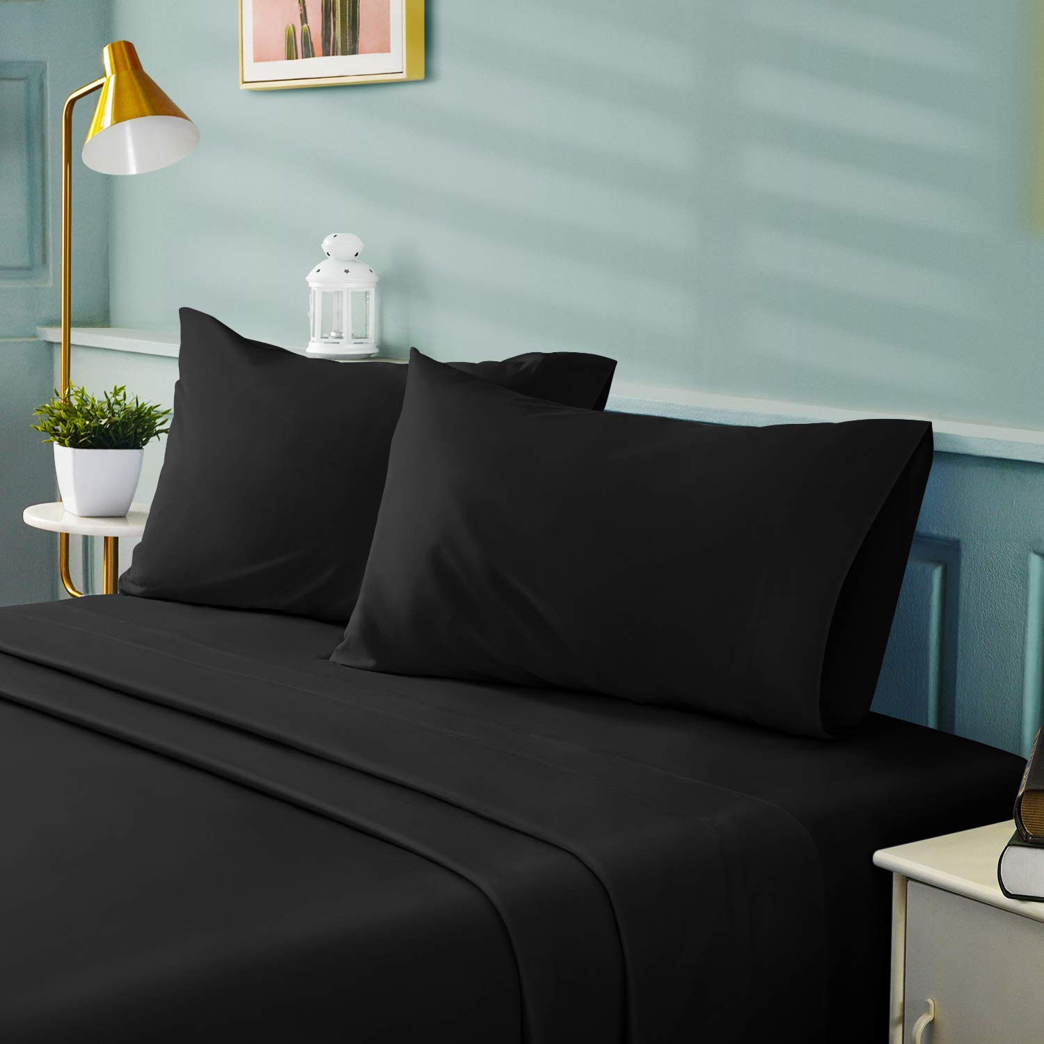 BYSURE 4-Piece Black Full Size Bed Sheet Set - Ultra Soft 1800 Brushed Microfiber Bedding, 15