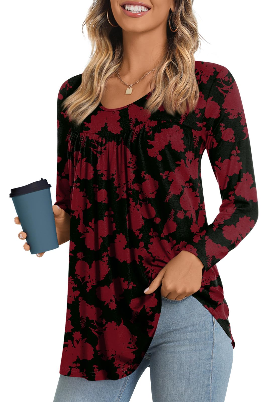 LONGYUAN Women's Long Sleeve Casual Tunic Top - Winter 2025 Loose Flare Blouse with Elastic Comfort - Perfect for Office, Travel & Everyday Wear