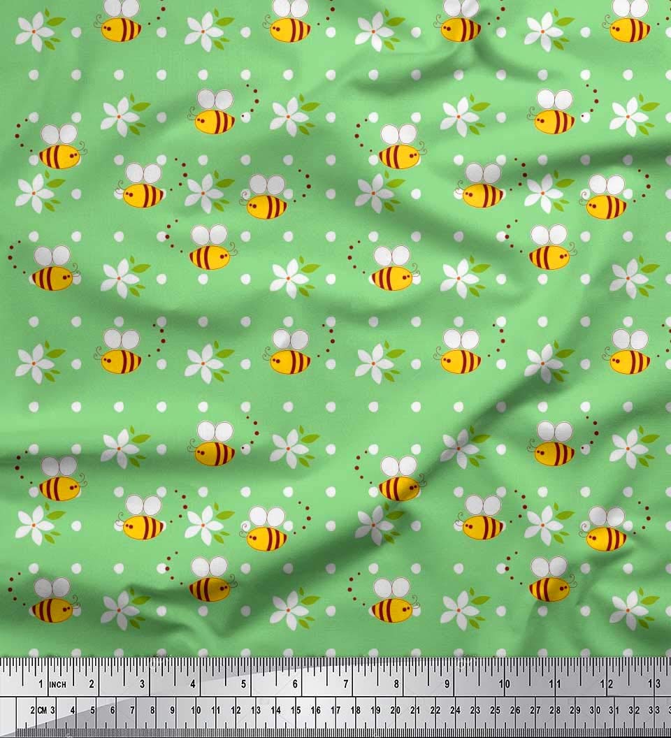 Soimoi Rayon Green Fabric - Floral Honey Bee Print for Dresses & Crafts