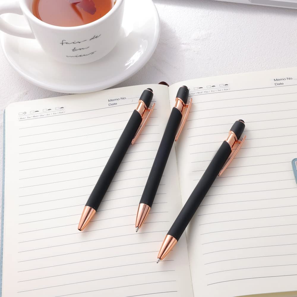 12-Pack 2-in-1 Stylus Ballpoint Pens with 1.0mm Black Ink - Metal Touch Screen Stylus & Writing Pen (Rose Gold & Black) Includes 12 Refills - Perfect for iPad, Tablet, Smartphone Note-Taking & Signing Documents