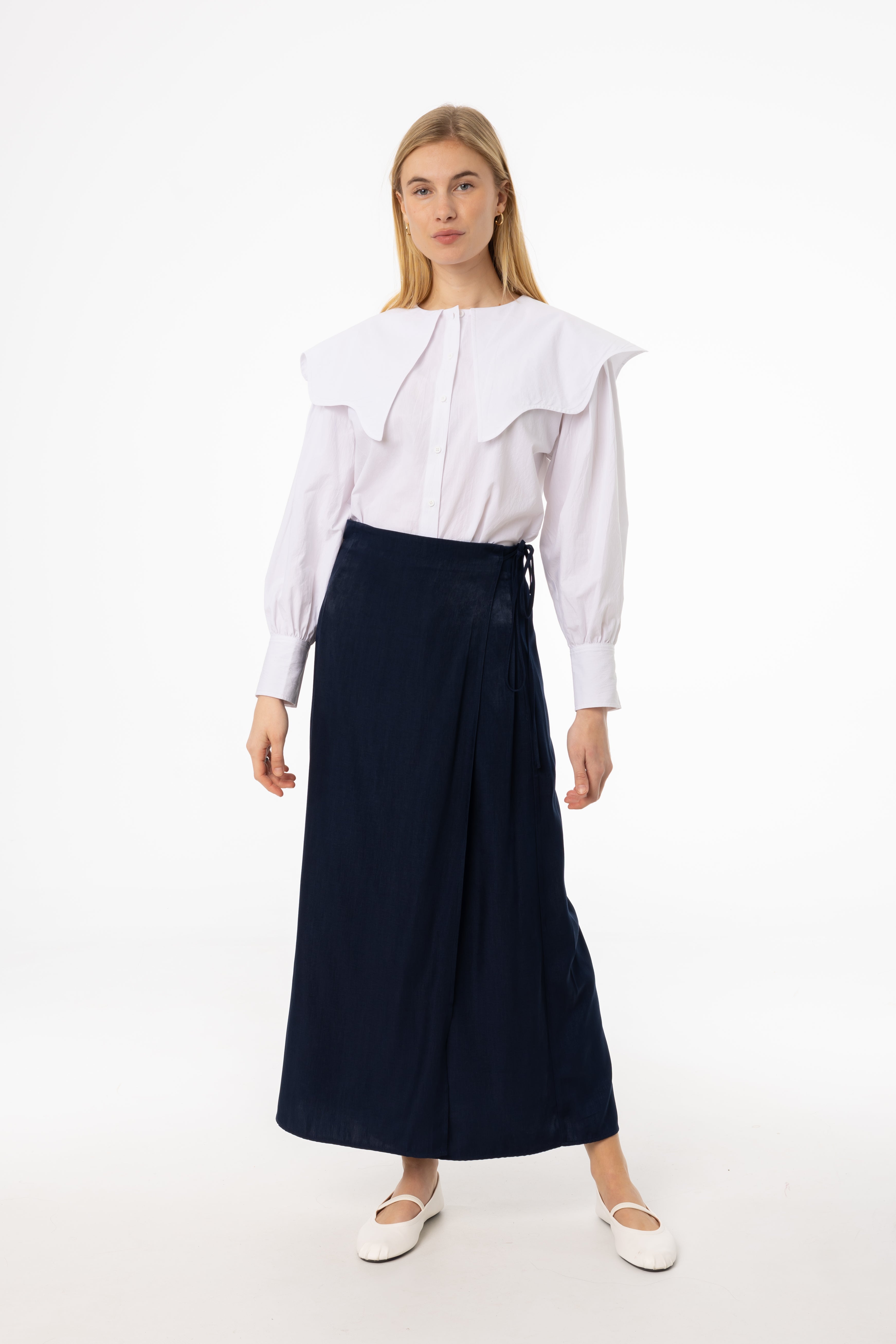 Navy Blue Wrap Skirt for Women - High Waisted Flowy Midi Skirt with Pockets - Perfect for Casual Outfits, Office Wear & Summer Vacations