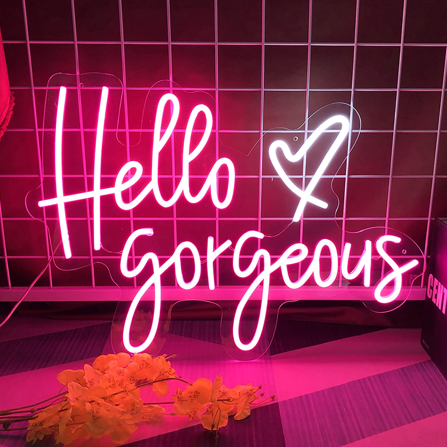 27.5x19.7 Inch Large LED Neon Sign - 'Hello Gorgeous' in Light Pink | Custom Wedding, Bedroom, Birthday Party & Bar Wall Decor | Durable Christmas Art Gift for Home & Office Decoration