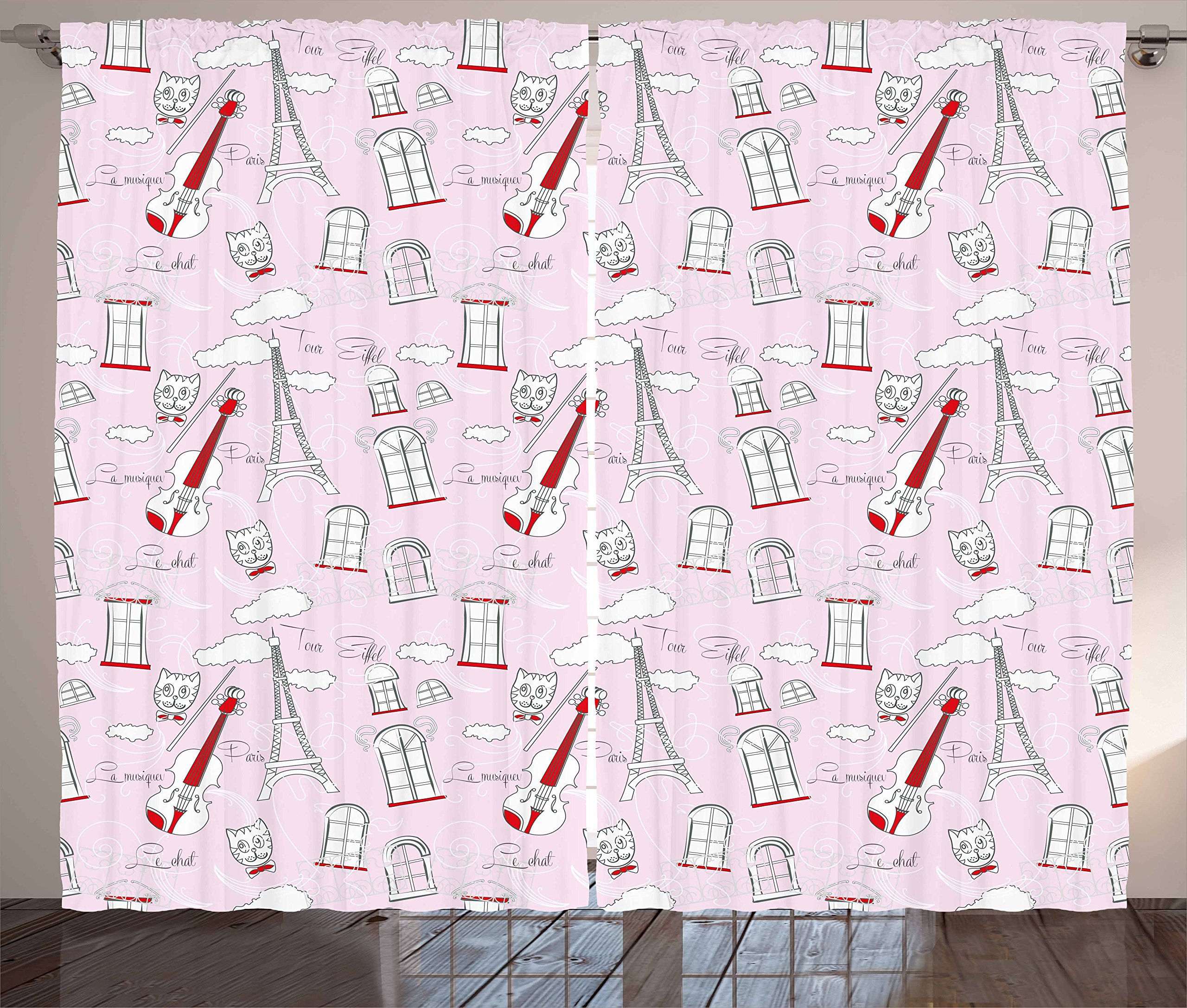 Ambesonne Paris Curtains - Abstract City Violin Cat with Bow Tie & Eiffel Tower Design - 2 Panel Window Drapes for Living Room & Bedroom - 108