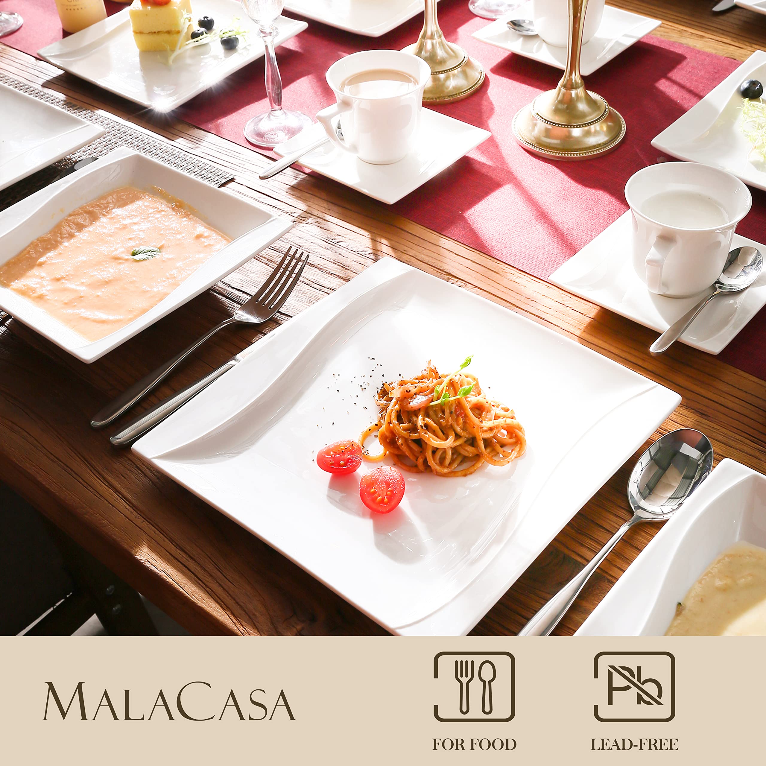 MALACASA 30-Piece Ivory White Porcelain Square Dinnerware Set - Plates, Bowls, Mugs & Saucers for 6 People - Elegant Tableware for Salad, Pasta, Dessert - Perfect for Family Dinners, Parties & Restaurant Use - Series Carina