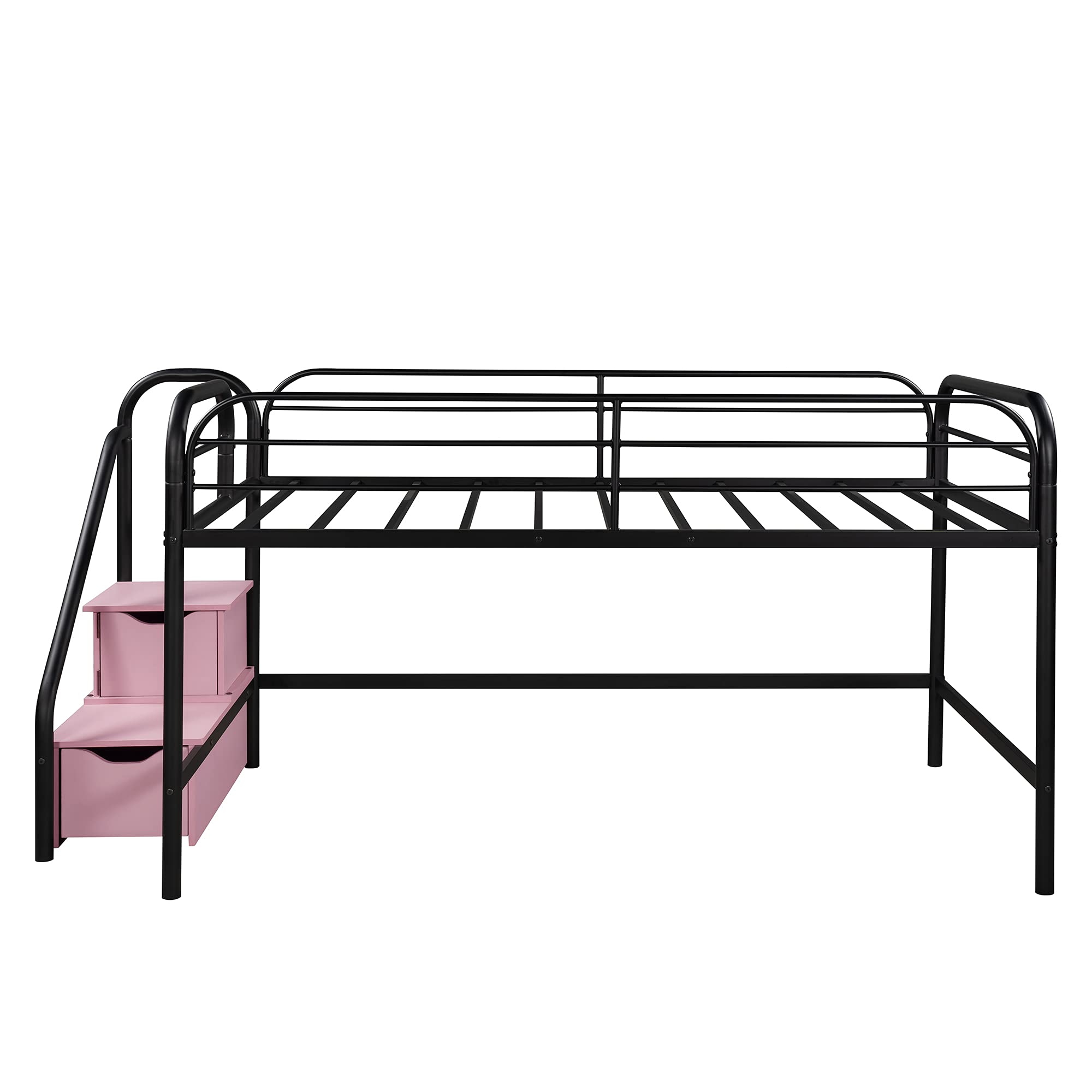 LZ LEISURE ZONE Twin Loft Bed with Storage Steps - Low Profile Metal Bunk Bed Frame, No Box Spring Required (Black & Pink) - Perfect for Kids Rooms, Small Spaces & Dorm Rooms