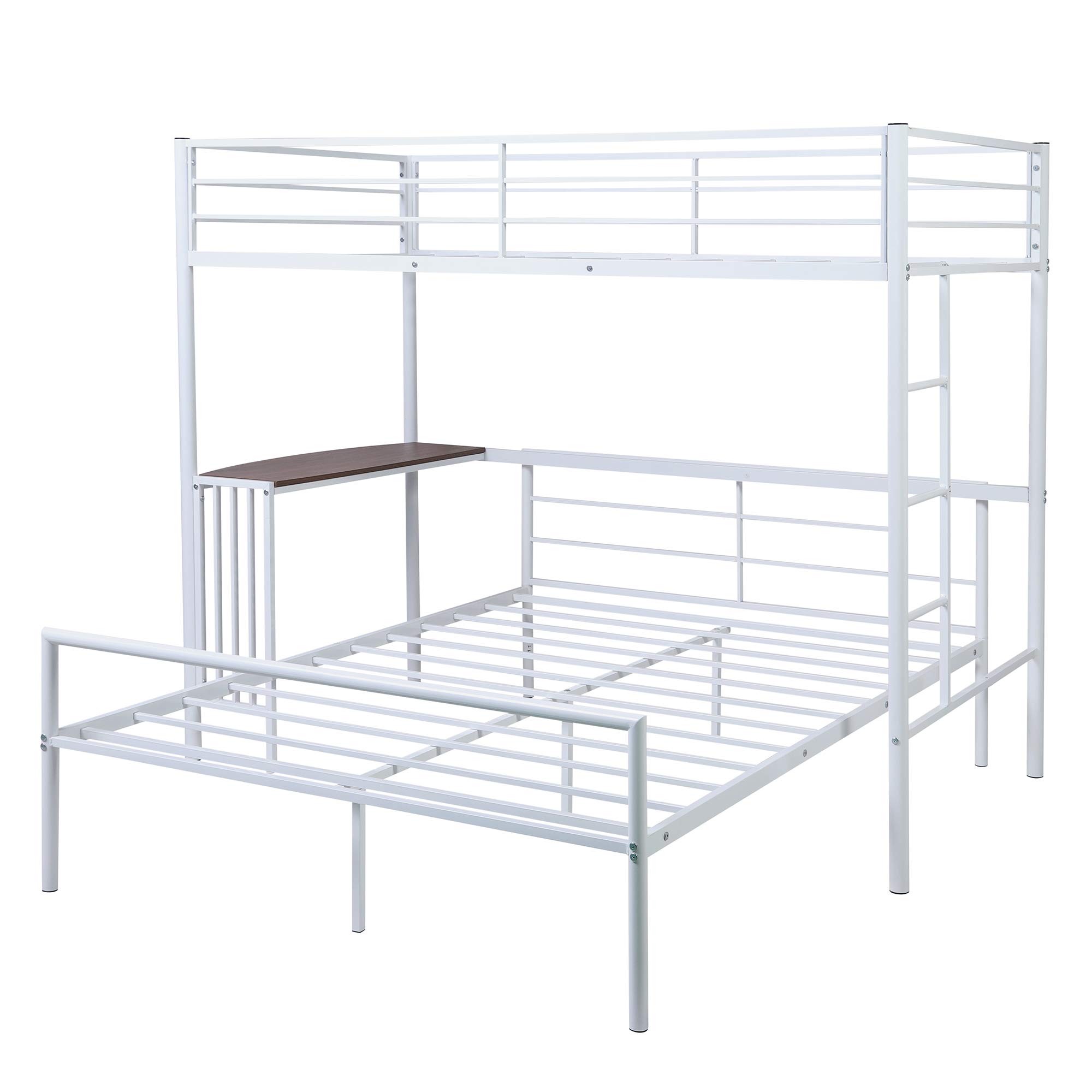 Dolonm Convertible Twin Over Full Metal Bunk Bed with Built-in Desk, Ladder & Safety Guardrails - Heavy Duty Space-Saving Bed Frame for Kids, Teens & Small Bedrooms (White) - Perfect for Shared Rooms, Dorms & Studio Apartments