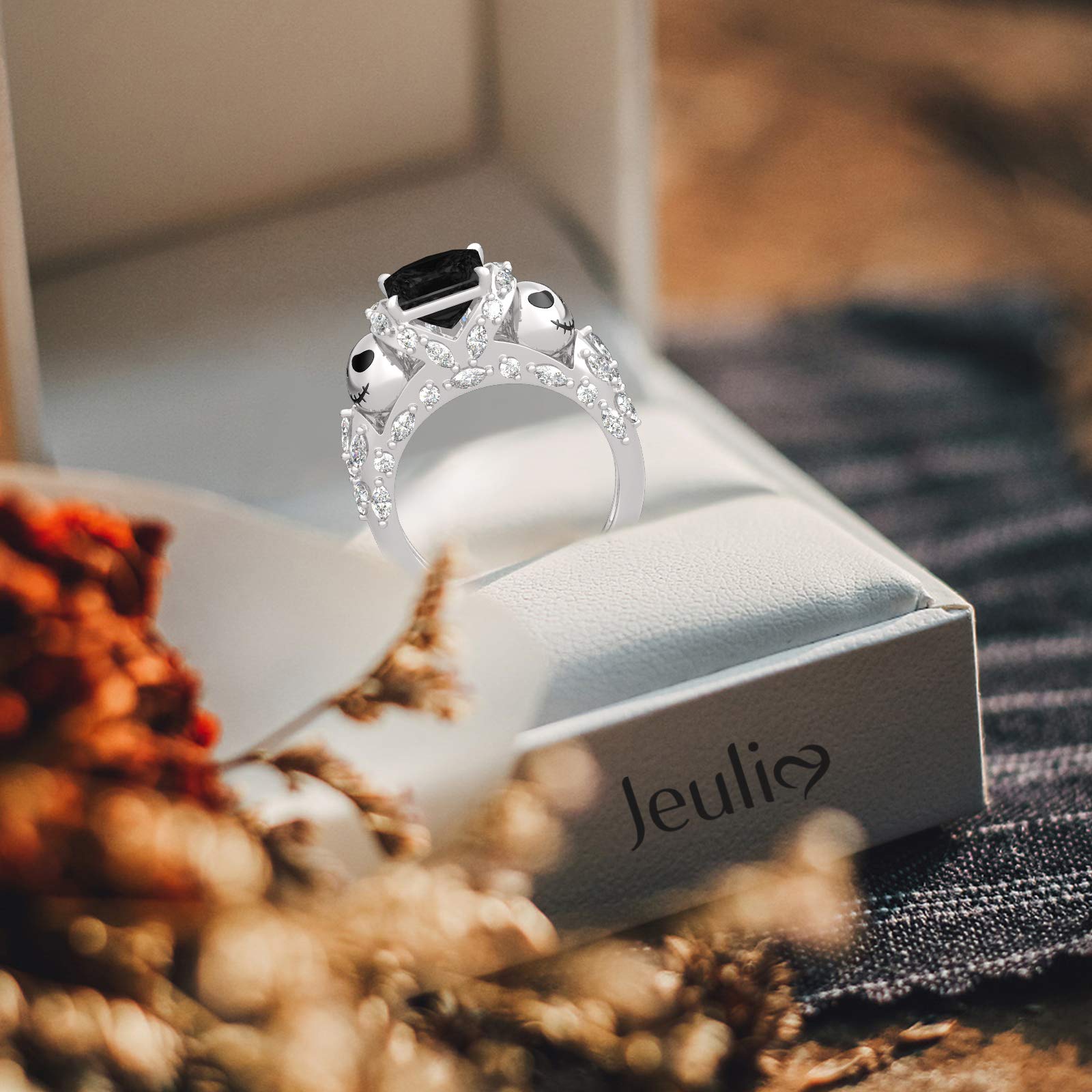 Jeulia Jack and Skellington Rings for Women - Nightmare Before Christmas Inspired 925 Sterling Silver Skull Band Ring with Princess Cut - Romantic Anniversary Promise Ring for Her, Teen Girls - Perfect for Halloween, Cosplay, and Gothic Fashion