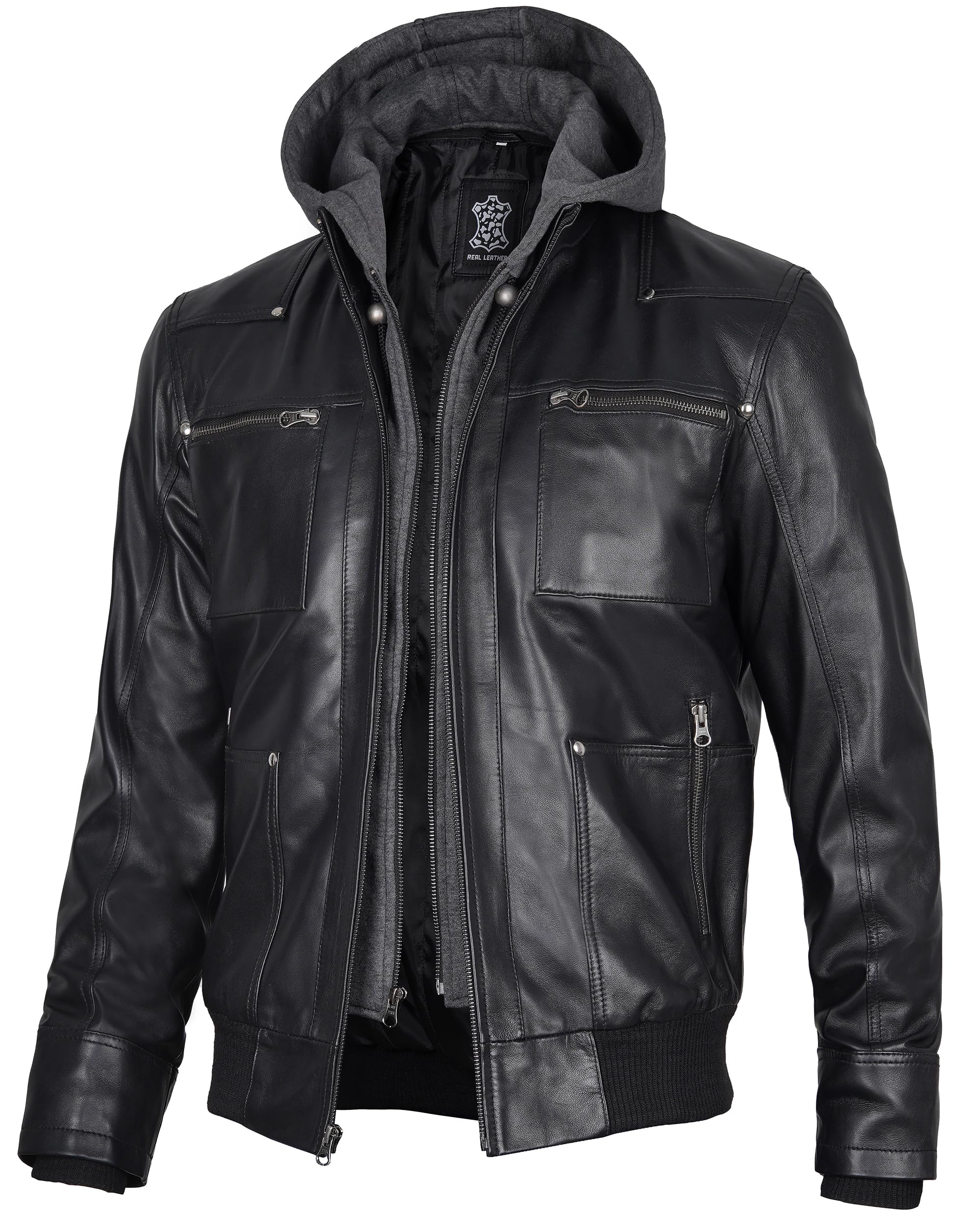 Decrum Men's Hooded Leather Bomber Jacket - Premium Genuine Leather with Removable Hood for Casual & Motorcycle Riding | Winter & Fall Outerwear