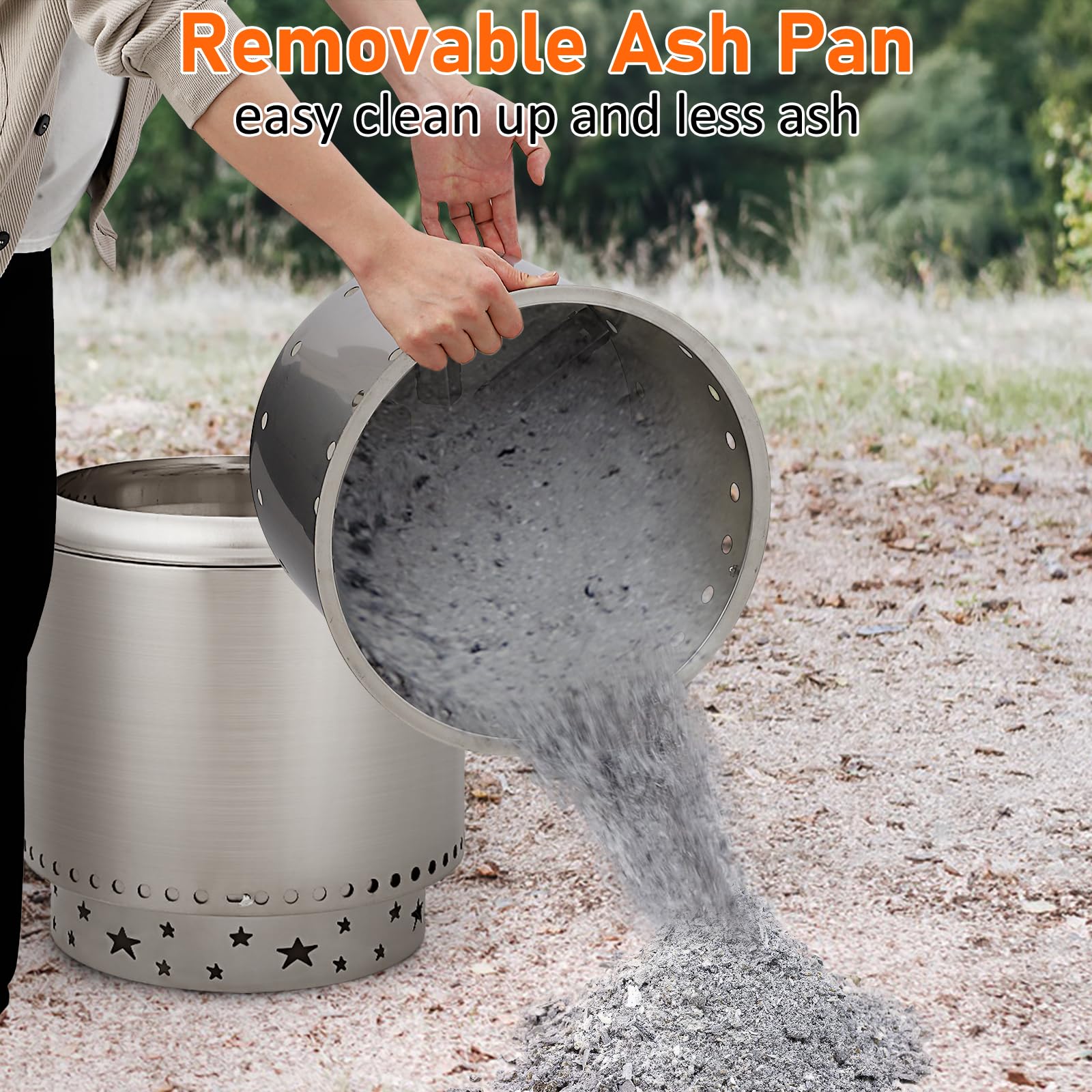 GARVEE 16.5 Inch Smokeless Fire Pit with Handle - Portable Outdoor Wood Burning Fireplace - Stainless Steel Fire Pit with Removable Ash Pan & Poker - Perfect for Backyard, Patio, Camping & Bonfire Nights
