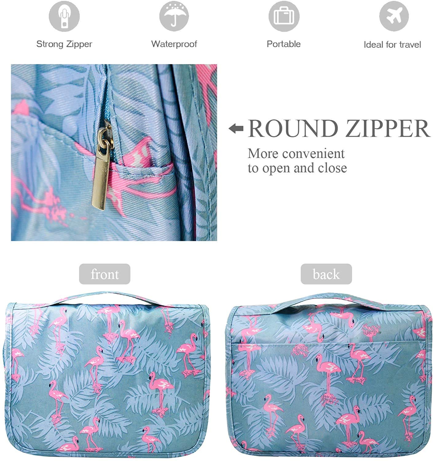 Trawila Travel Hanging Toiletry Bag for Men & Women - Waterproof Cosmetic Organizer with Sturdy Hook, Light Blue Flamingo Design - Perfect for Camping, Gym, Business Trips & Vacation