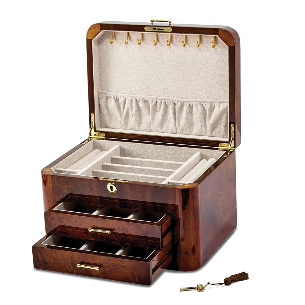 Handcrafted Elm Burl Wood Jewelry Box with Double Braided Leather Accents - Perfect for Organizing Necklaces, Rings & Earrings in Bedroom Vanity or Gift Giving