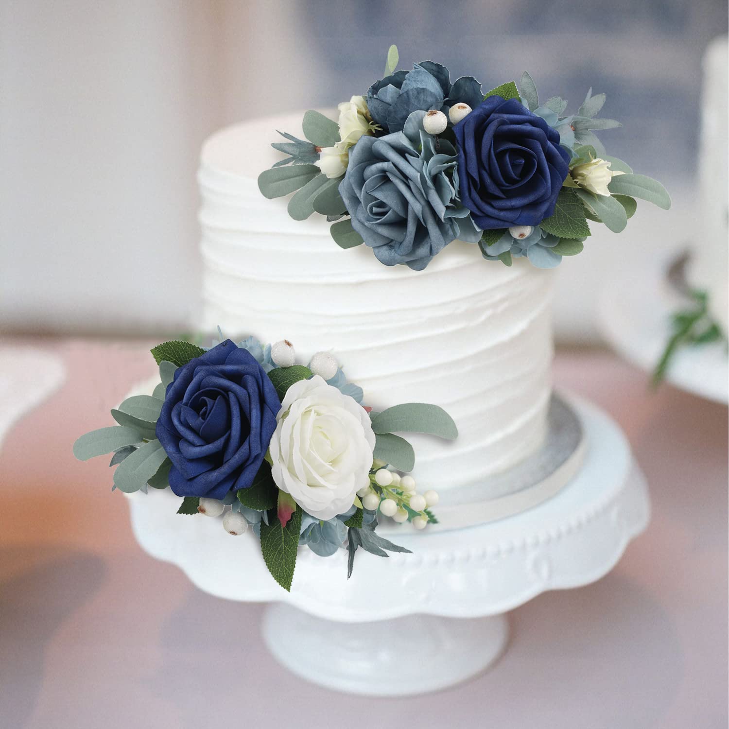 Rinlong 3Pcs Navy Blue Pre-made Cake Toppers - Edible Flower Cake Decorations for Wedding, Birthday, Baptism Party & Special Occasions | Perfect for DIY Cake Decorating & Dessert Presentation