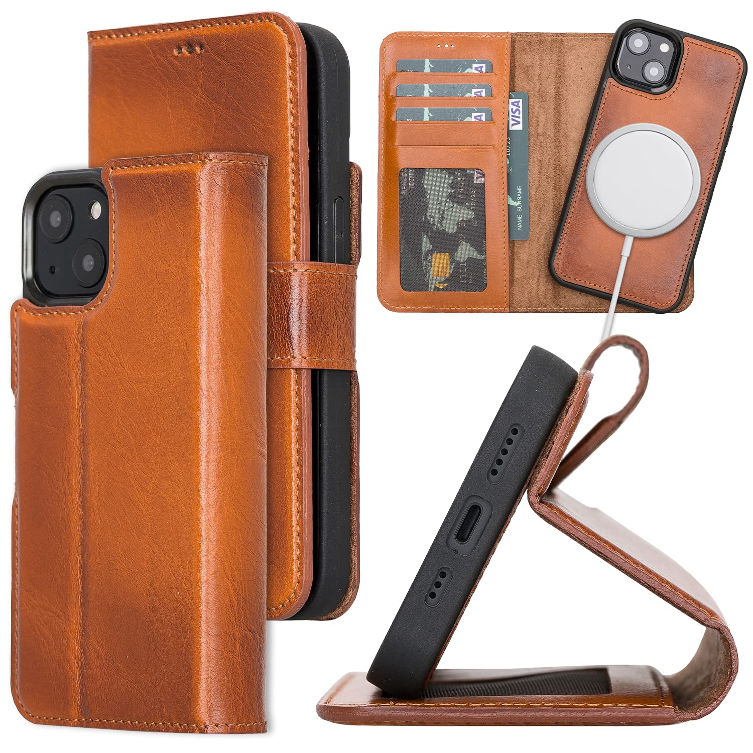 Bayelon iPhone 13 Leather Wallet Case - Premium Full Grain Leather Magnetic Detachable 2-in-1 Flip Cover with Card Slots & Kickstand | Compatible with Apple MagSafe (Rustic Tan) | Perfect for Business Travel, Daily Commute & Hands-Free Viewing