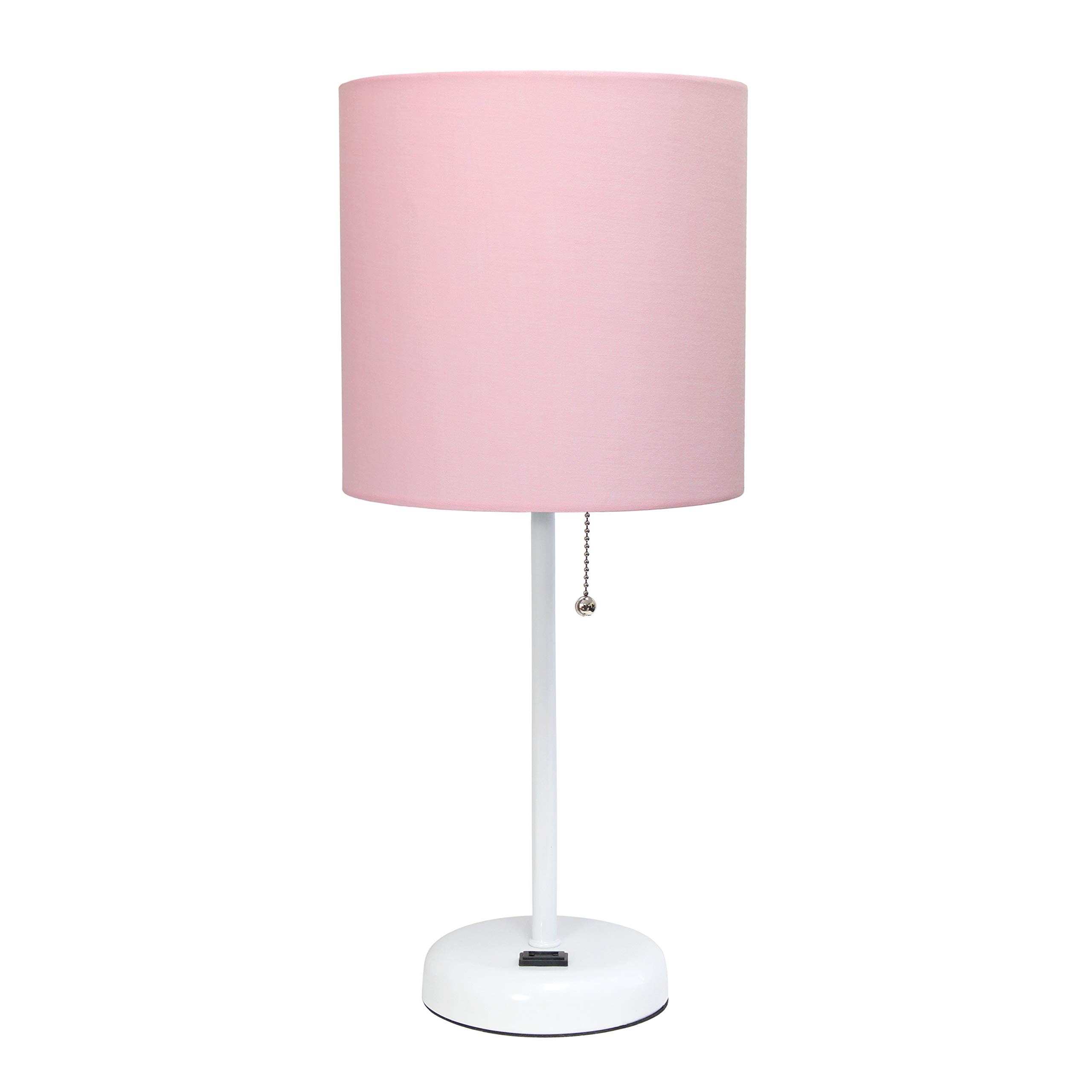 Simple Designs LT2024-POW White Stick Table Desk Lamp with USB Charging Outlet & Drum Fabric Shade - Light Pink Modern Lighting for Home Office, Bedroom Nightstand or Study Room