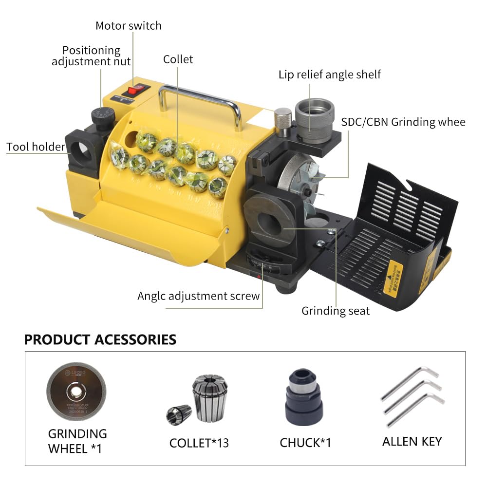 MR-13A Drill Bit Sharpener - 3mm to 15mm Portable Grinding Machine with 13 Collets, Adjustable 95°-135° Point Angle for Sharpening Twist Bits - Perfect for DIY, Woodworking & Metalworking Projects