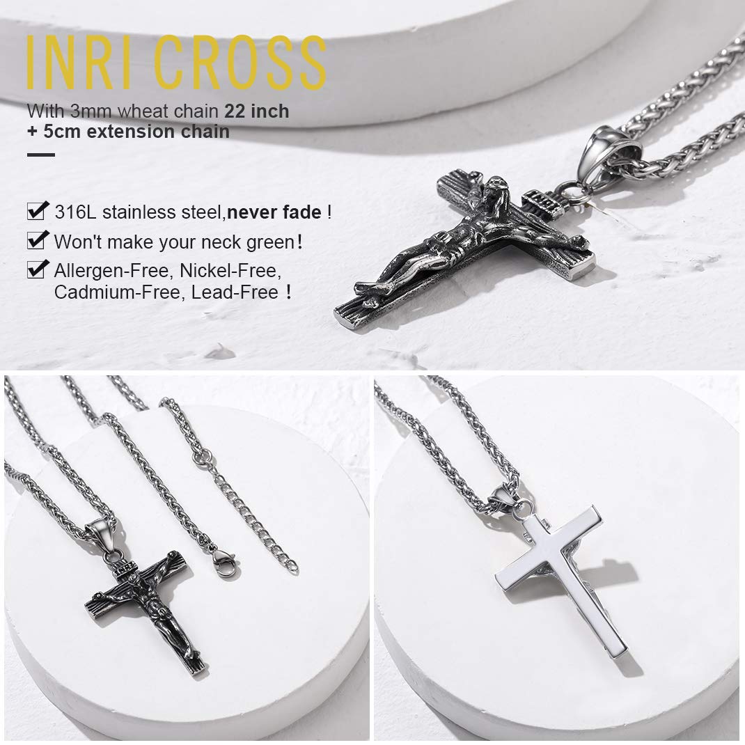 GOLDCHIC Cross INRI Crucifix Pendant Necklace with Virgin Mary Miraculous Medal - Religious Christian Jewelry for Women & Men - Perfect for Baptism, First Communion, Confirmation & Daily Faith Inspiration