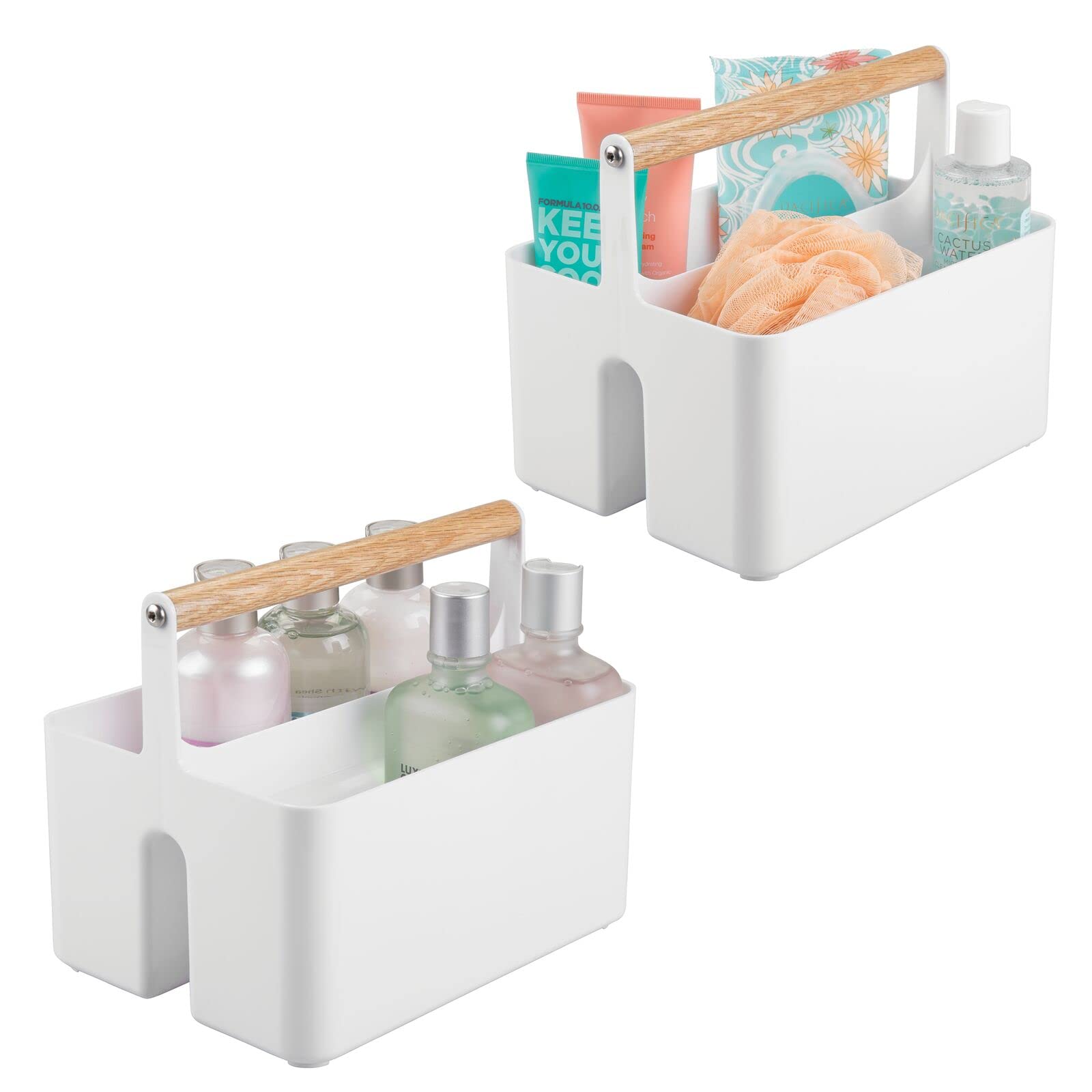 mDesign Plastic Portable Shower Caddy with Bamboo Handle - 2 Pack White/Natural Bathroom Storage Organizer for Shampoo, Conditioner & Toiletries | Perfect for Dorm, Shelf & Cabinet Organization - Aura Collection