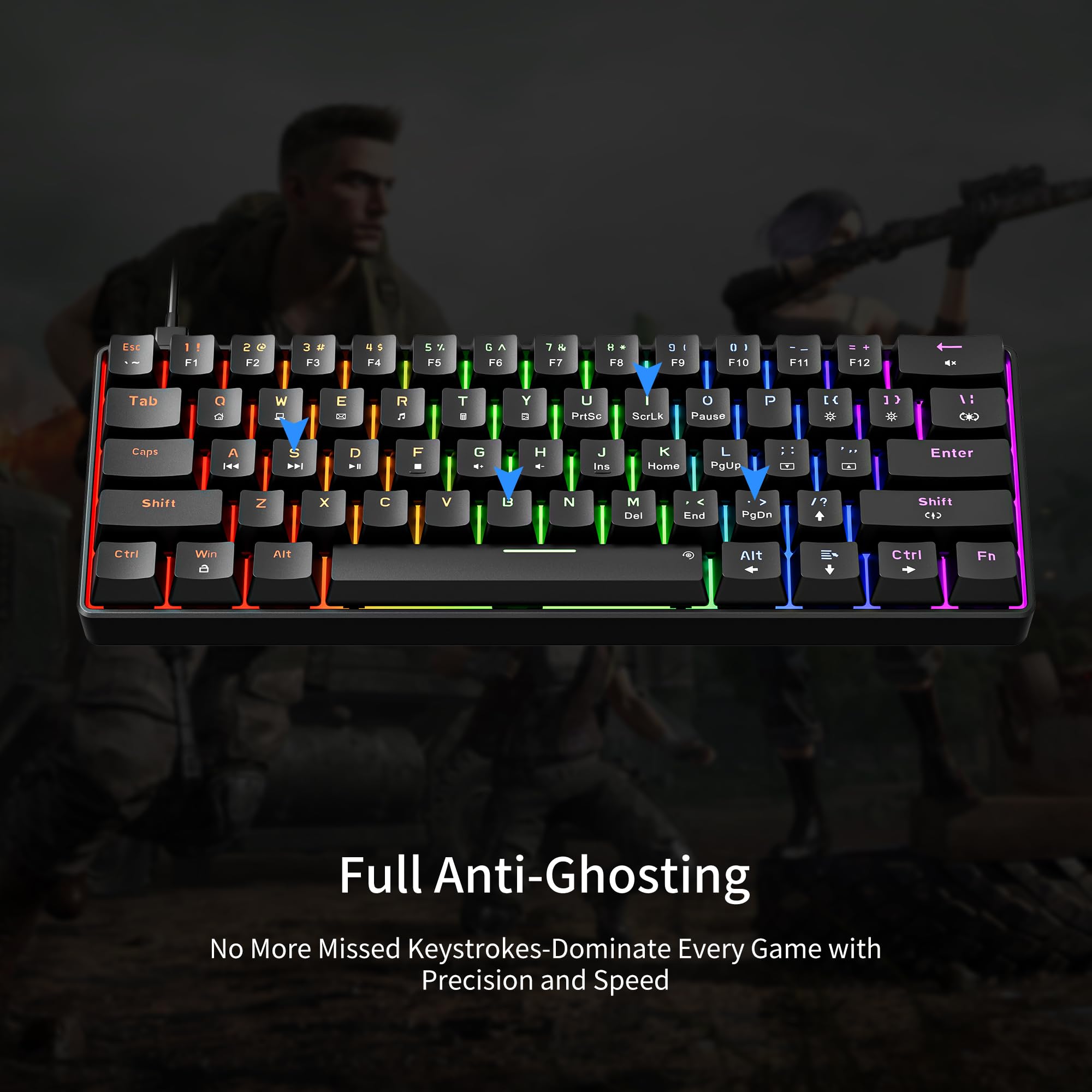 Newmen GM611 60% Mechanical Keyboard - Rainbow LED Backlit, Compact 61 Keys for Gaming & Office (Black/Blue Switch)