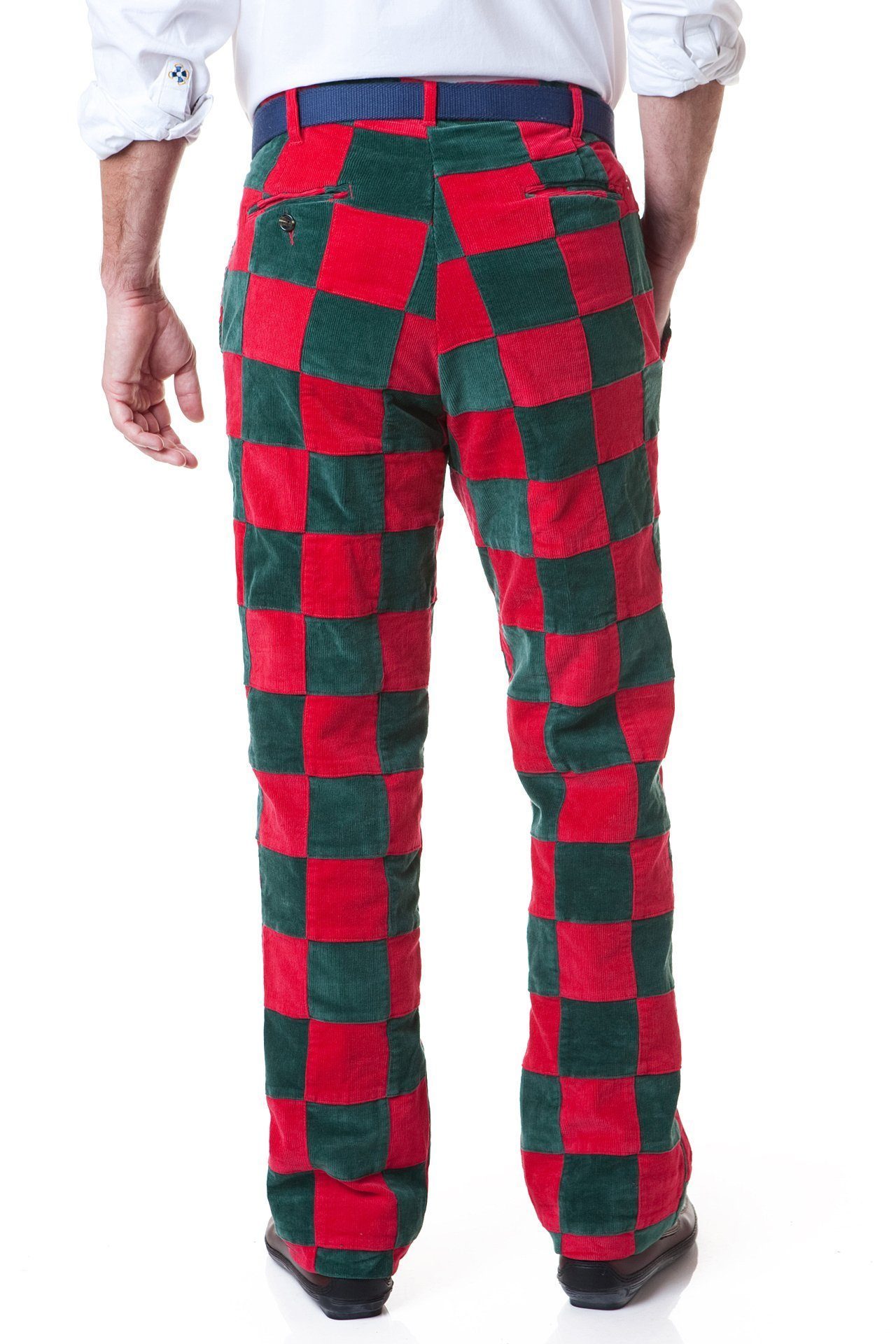 Beachcomber Corduroy Pants for Men - Hunter Green & Crimson Patchwork Design - Perfect for Casual Outings, Fall Fashion, and Outdoor Adventures