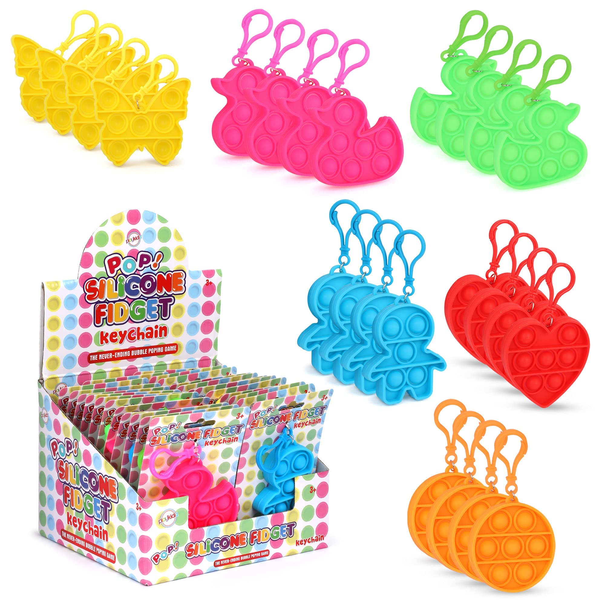 Playkidz Mini Pop It Keychain Set - 24 Pack Stress Relief Fidget Toys for Kids & Adults, Multi-Color Sensory Toys with Various Shapes, Portable Anxiety Relief for School, Office & Travel
