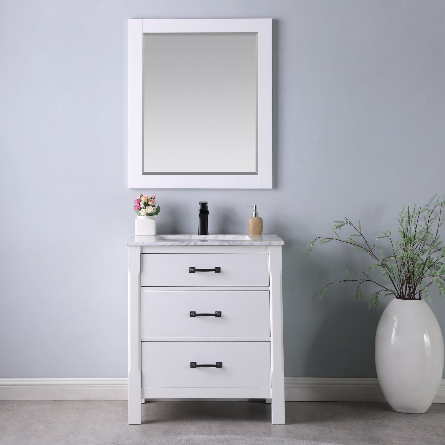 Maribella 30-Inch Single Bathroom Vanity Set with Carrara White Marble Countertop - Modern Sink Cabinet for Small Bathrooms, Powder Rooms & Guest Baths