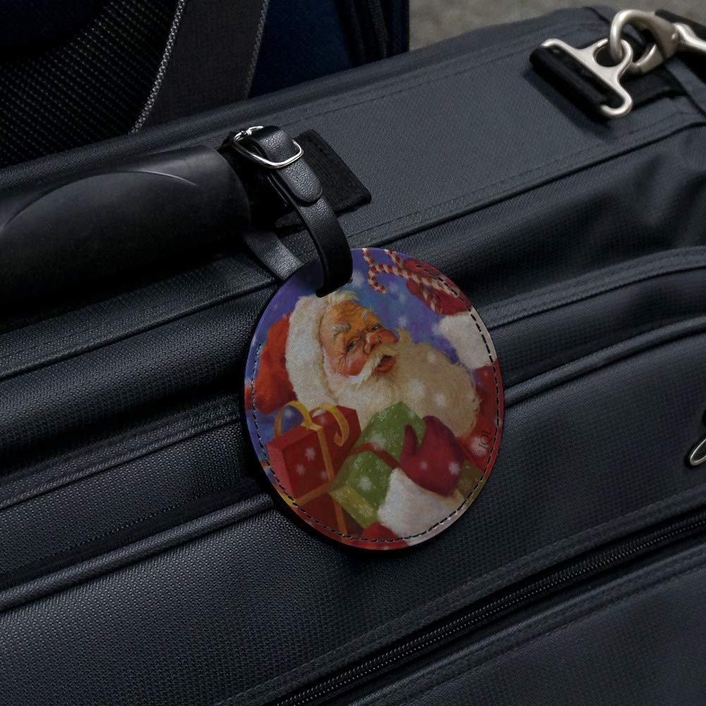 Christmas Santa Candy Cane Round Leather Luggage Tag - Personalized ID Card Holder for Travel Bags, Suitcases & Backpacks | Perfect Holiday Gift for Christmas Travel & Vacation