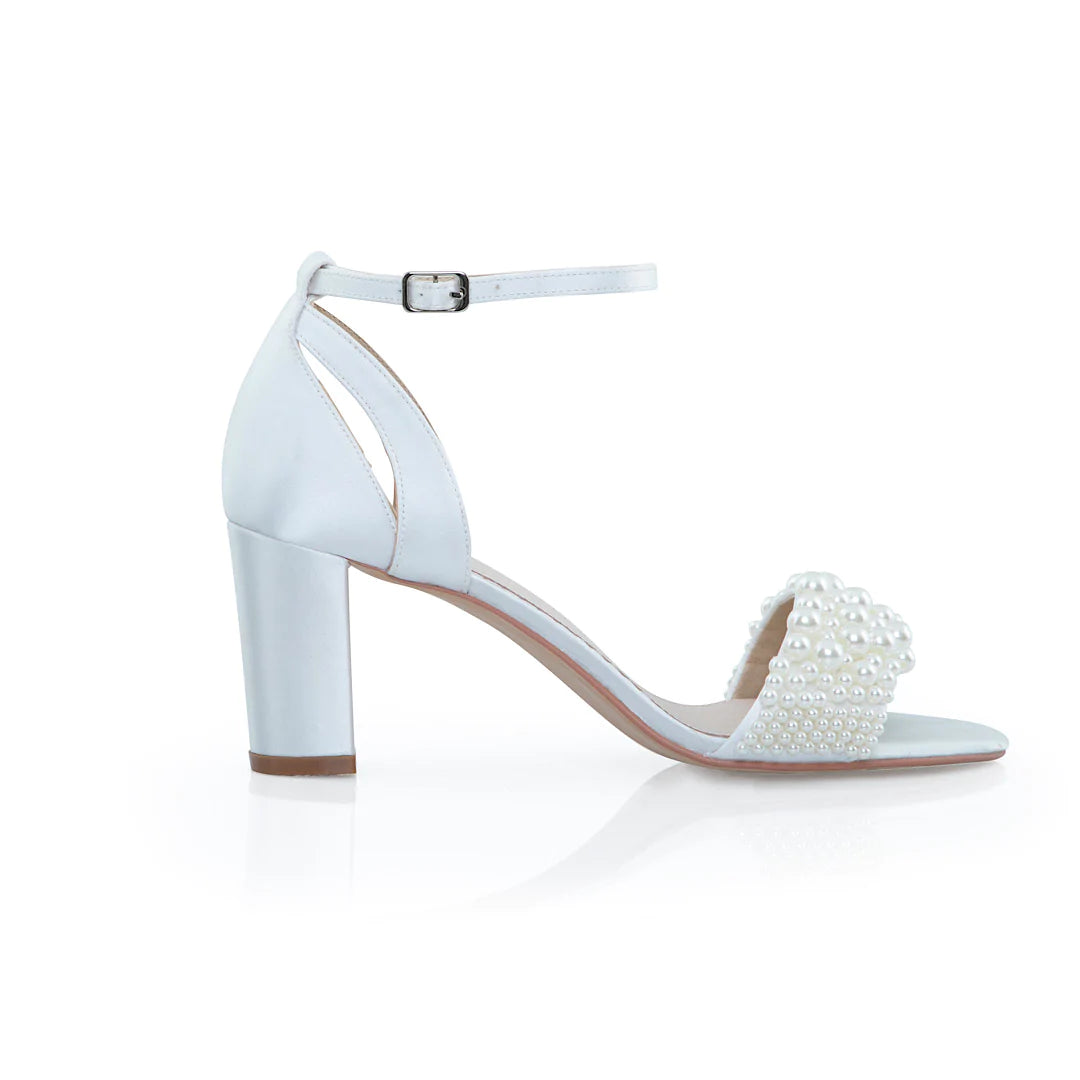 Perfect Bridal Carrie Ivory Satin Block Heel Wedding Sandals with Pearl Embellishments - Elegant Bridal Shoes for Church Ceremony, Outdoor Wedding & Reception