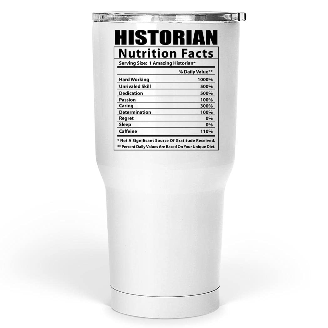 Funny Historian Nutritional Facts Tumbler 30oz - Insulated Stainless Steel Coffee Cup with Lid - Perfect Christmas Gift 2024 for Teachers, History Lovers & Coffee Enthusiasts - Great for Office, Home & Travel Use