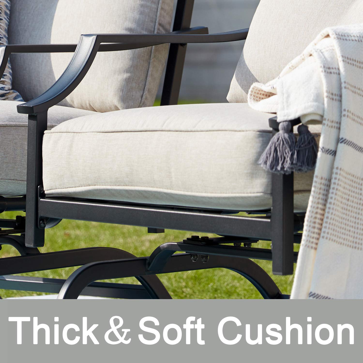 **Black Metal Rocking Patio Chairs with Padded Cushions - Outdoor Spring Motion Dining Set for Porch, Garden, Balcony - Perfect for Relaxing & Entertaining Guests**