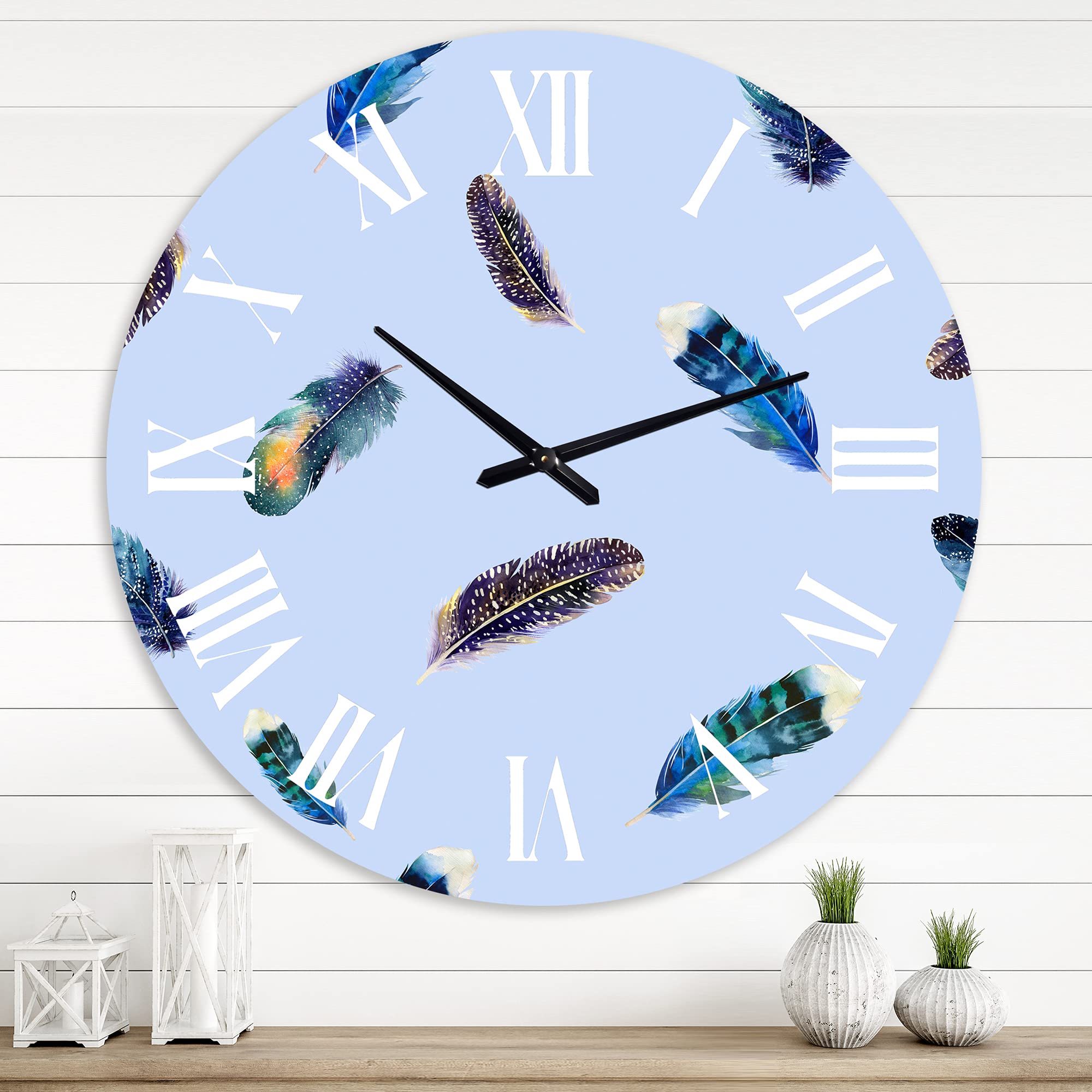 Bohemian Eclectic Wall Clock with Blue Feathers - Large Boho Ethnic Animal Design for Living Room, Bedroom, or Office Decor | Unique Home & Wall Art Gift Idea