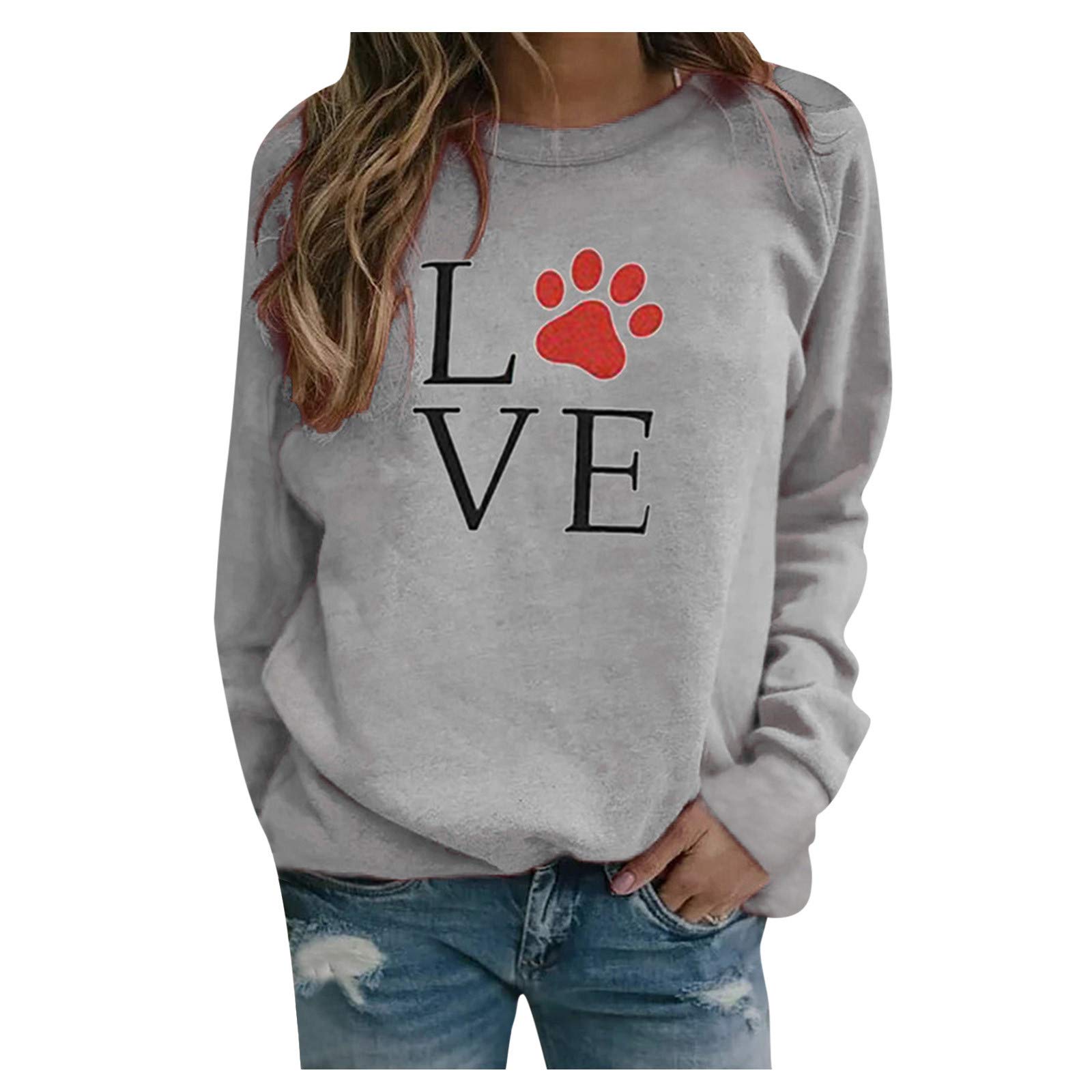 Jahrioiu Women's Casual Loose Heart Print Pullover Hoodie - Long Sleeve Round Neck Blouse for Everyday Wear & Street Fashion