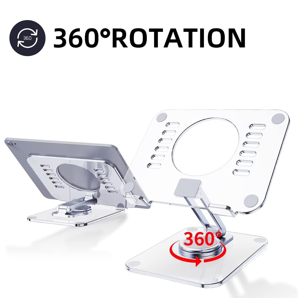 360° Rotating Adjustable Acrylic Tablet Stand - Foldable Clear Holder for iPad Pro/Air/Mini, Kindle, Surface Pro, Galaxy Tab & Phones (4-13 Inch) | Perfect for Home Office, Bedroom & Travel Use