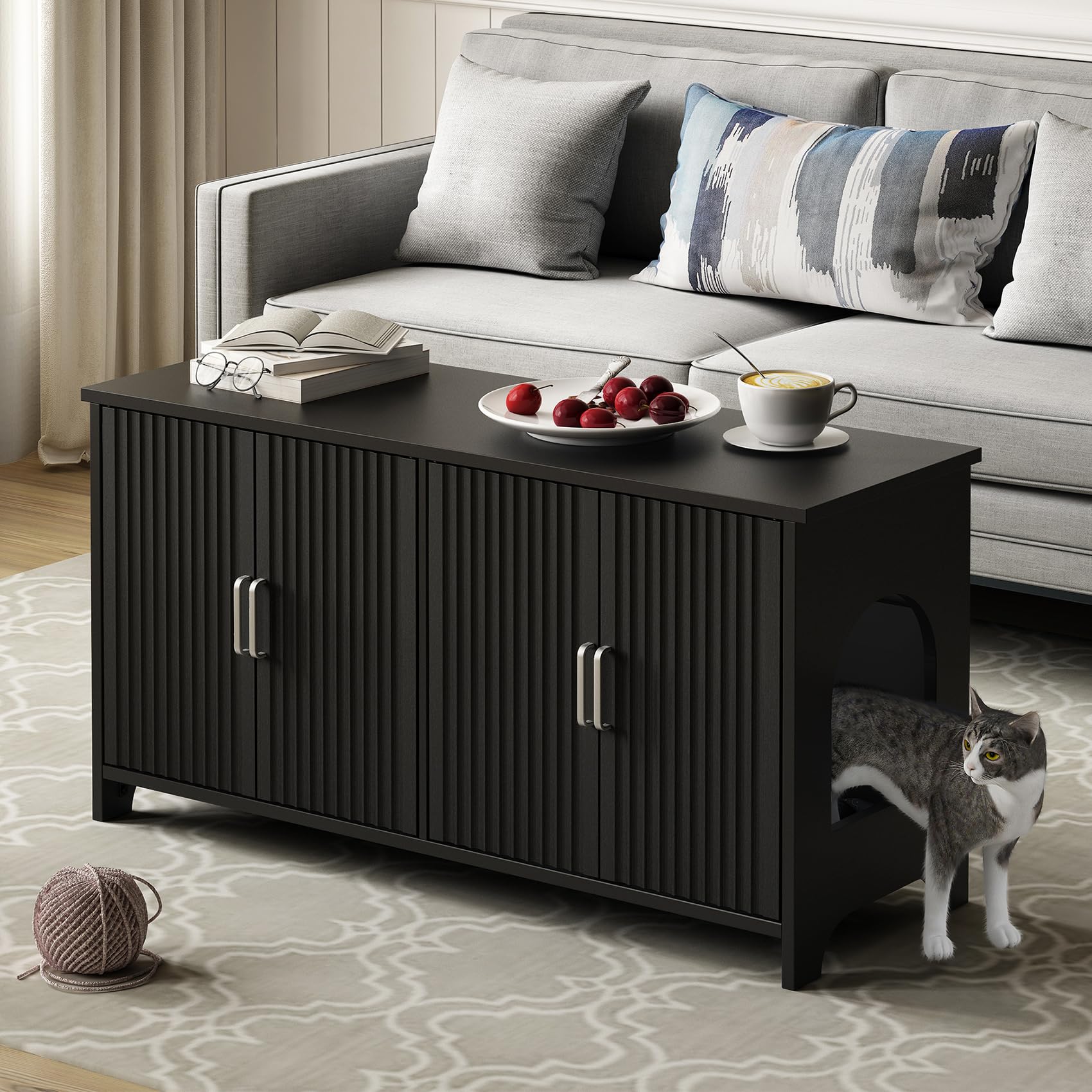Hidden Cat Litter Box Furniture Enclosure for 2 Cats - Double Room Wooden Cabinet with Fluted Design - Indoor Cat House for Living Room & Bathroom (Black) | Perfect for Small Spaces & Home Decor