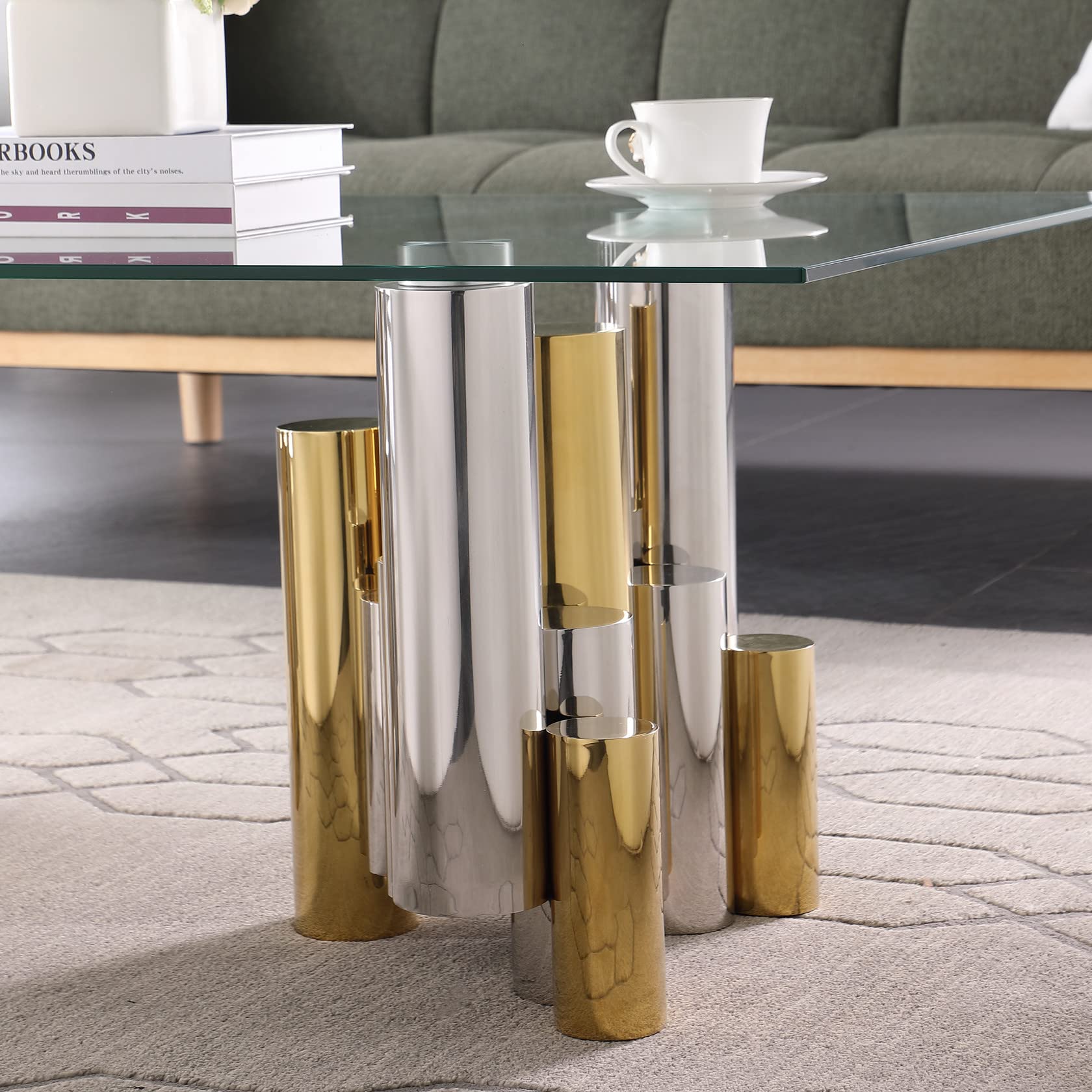 Luxury Clear Glass Coffee Table with Gold/Silver Irregular Stainless Steel Base - Modern Rectangular Living Room Center Table for Home & Office - Perfect for Cocktail Parties, Lounge Decor & Contemporary Interior Design