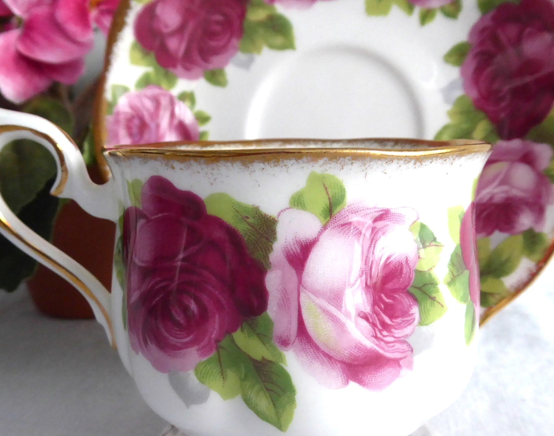 Vintage Royal Albert Old English Rose Cup and Saucer Set - 1950s Hampton Collection with Brush Gold Trim | Elegant Tea Time, Afternoon Tea Party, British Tableware Collection