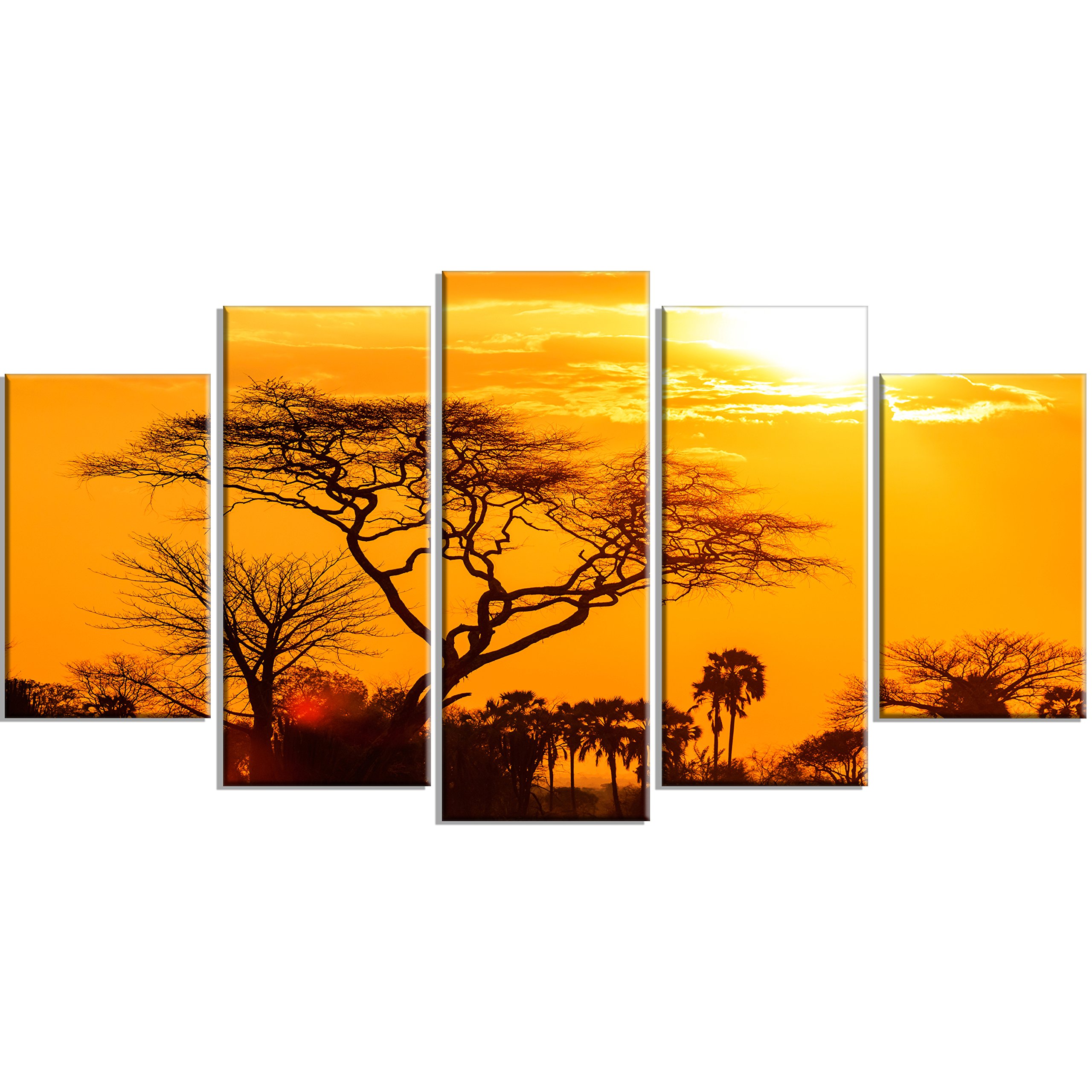 African Sunset Orange Glow Extra Large Wall Art - 60x32 Inches 5-Panel Canvas Landscape Painting - Perfect for Living Room, Bedroom & Office Decor